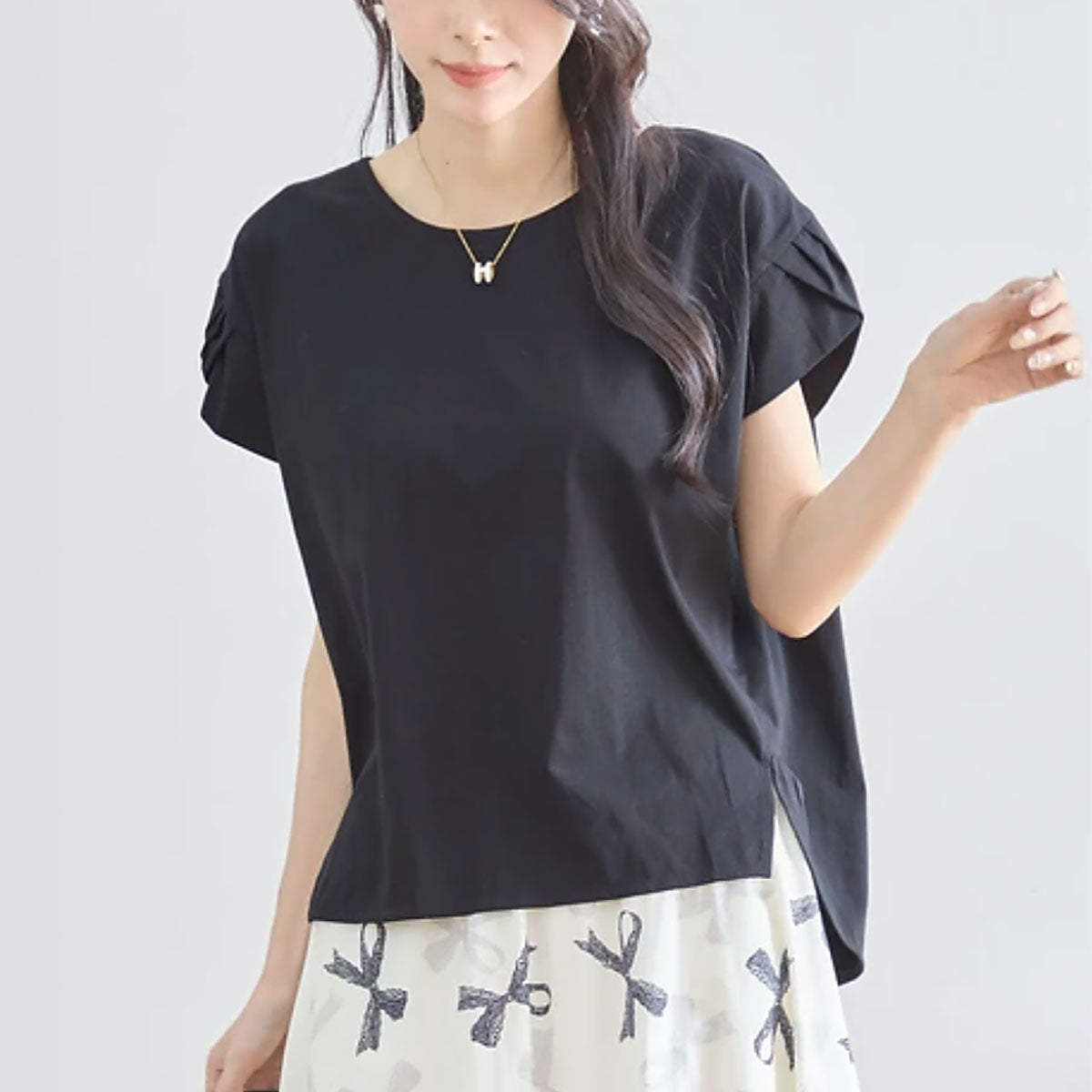 デザイン袖AラインコットンTシャツ M〜L 3カラー