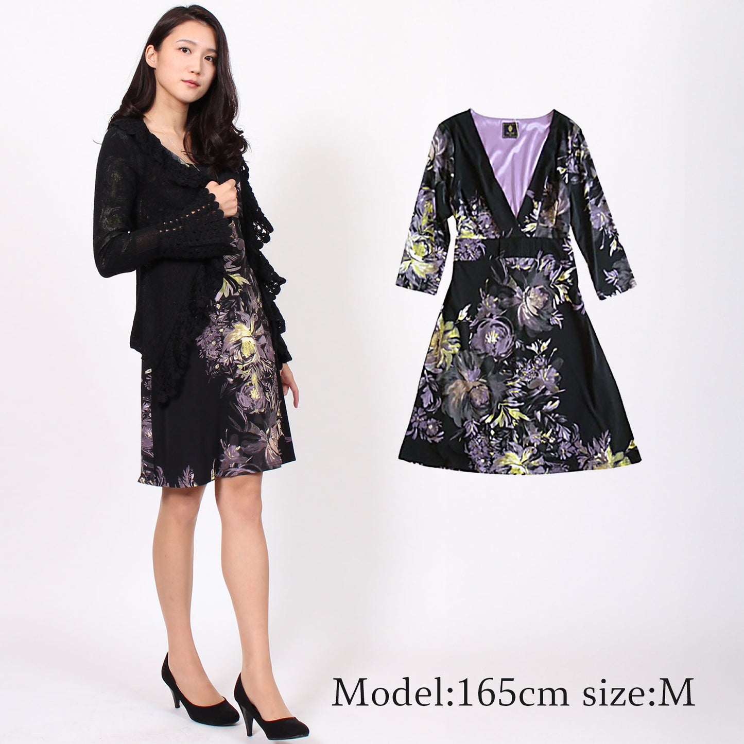 オリエンタル調花柄 7分袖 ニットワンピース ブラック×パープル花柄 M