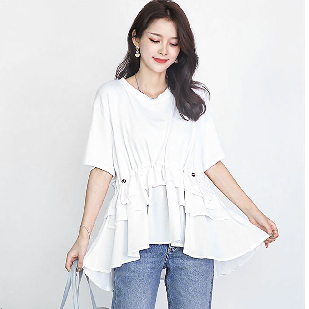 異素材切り替えティアードフリルカットソー 2カラー M~L