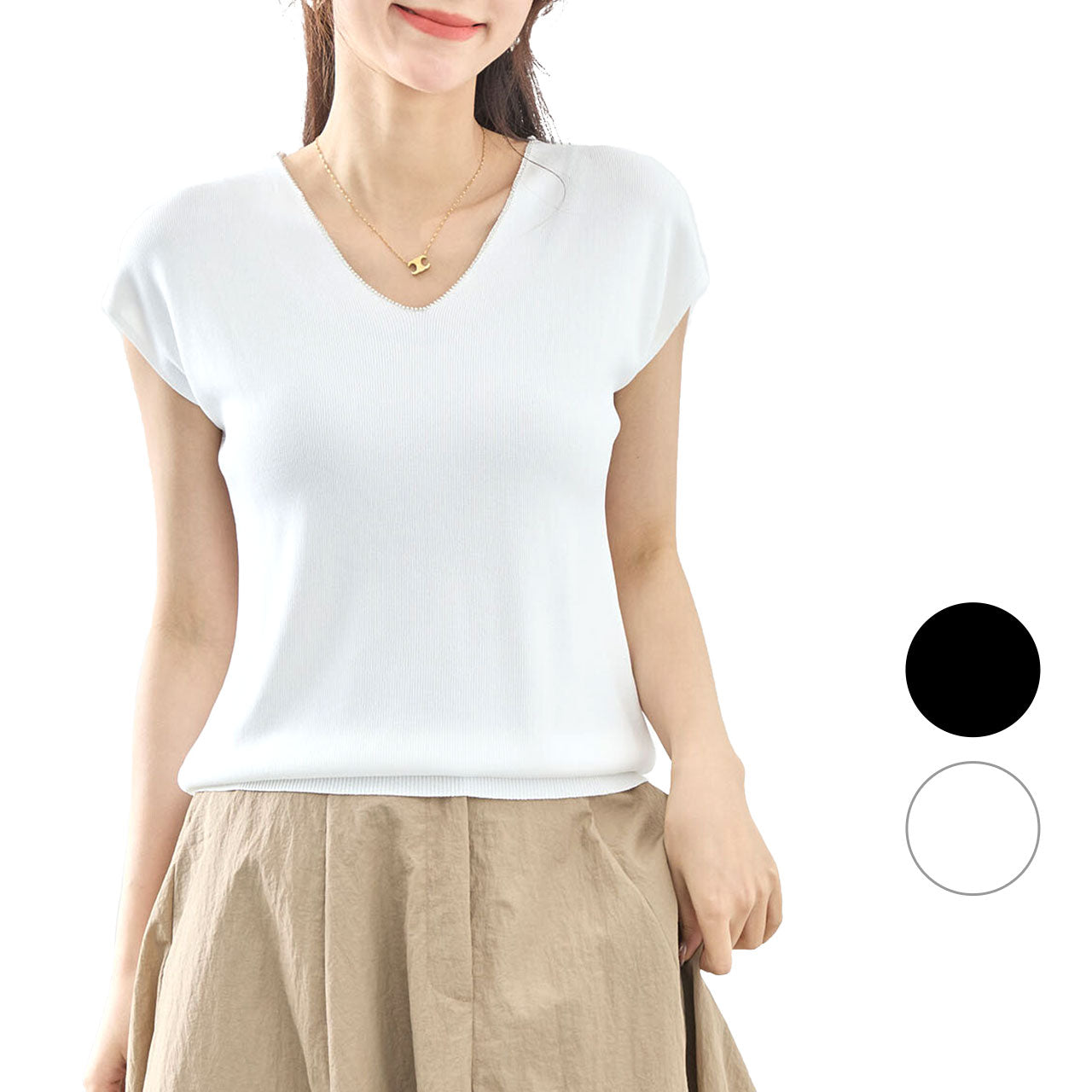 トップス レディース 夏 夏服 半袖 フレンチスリーブ おしゃれ vネック ラインストーン 涼しい 冷感 レーヨン リブニット カットソー