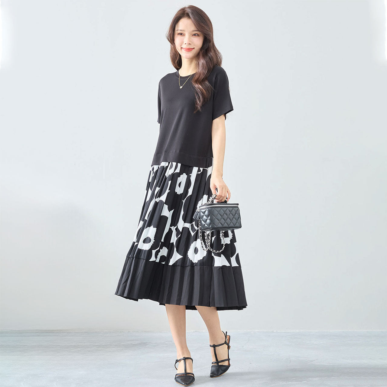 花柄プリーツ切替Aラインカットソーワンピース M~L