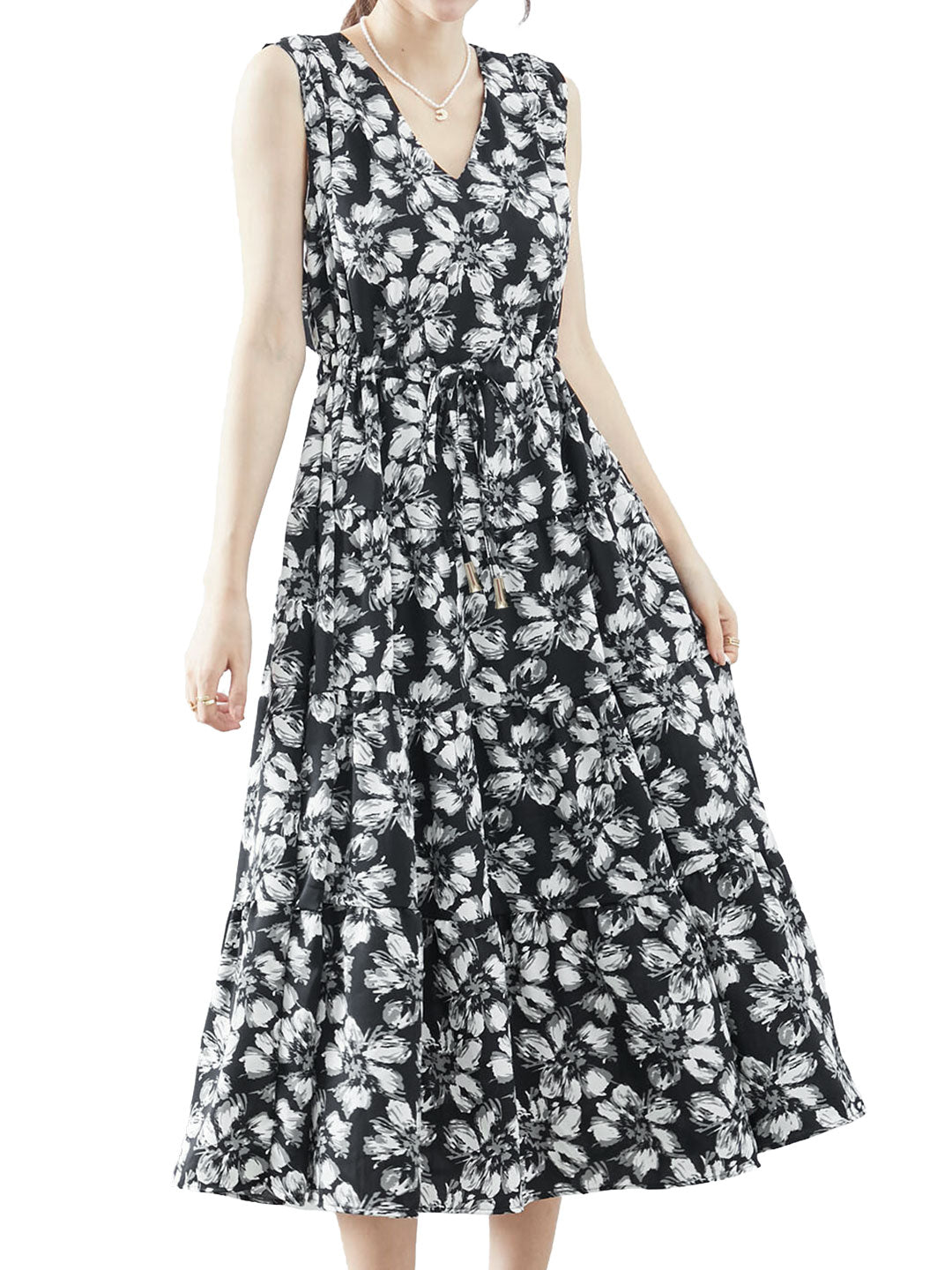 ドロスト付き花柄ミモレワンピース 2カラー M〜L