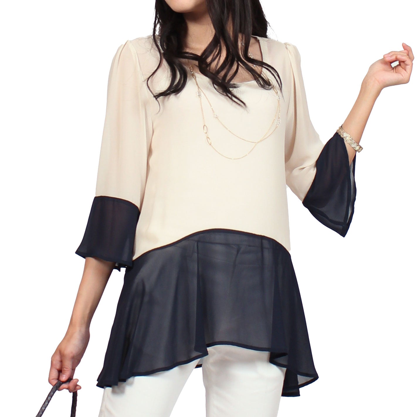 ネックレス付きバイカラー切り替えフレアーシフォンブラウス 2カラー