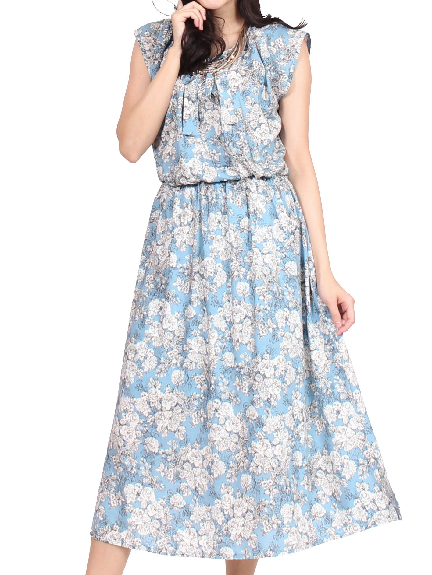 リボンタイ付き花柄マキシワンピース 2カラー F