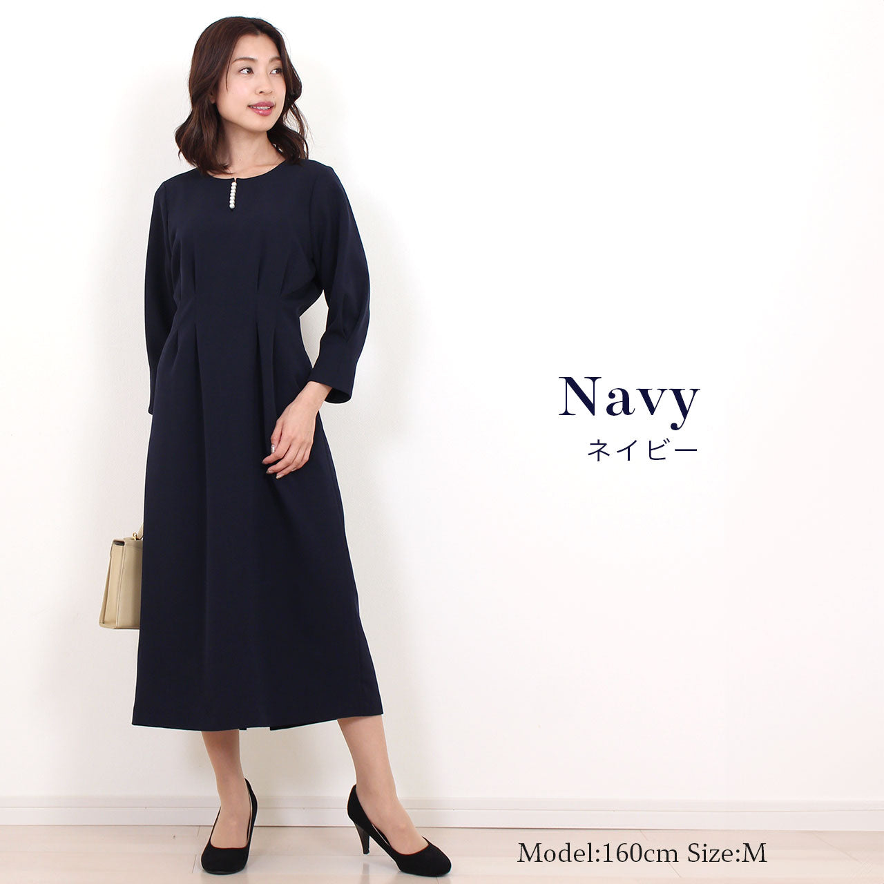 パール飾り付きキーネックロングワンピース M