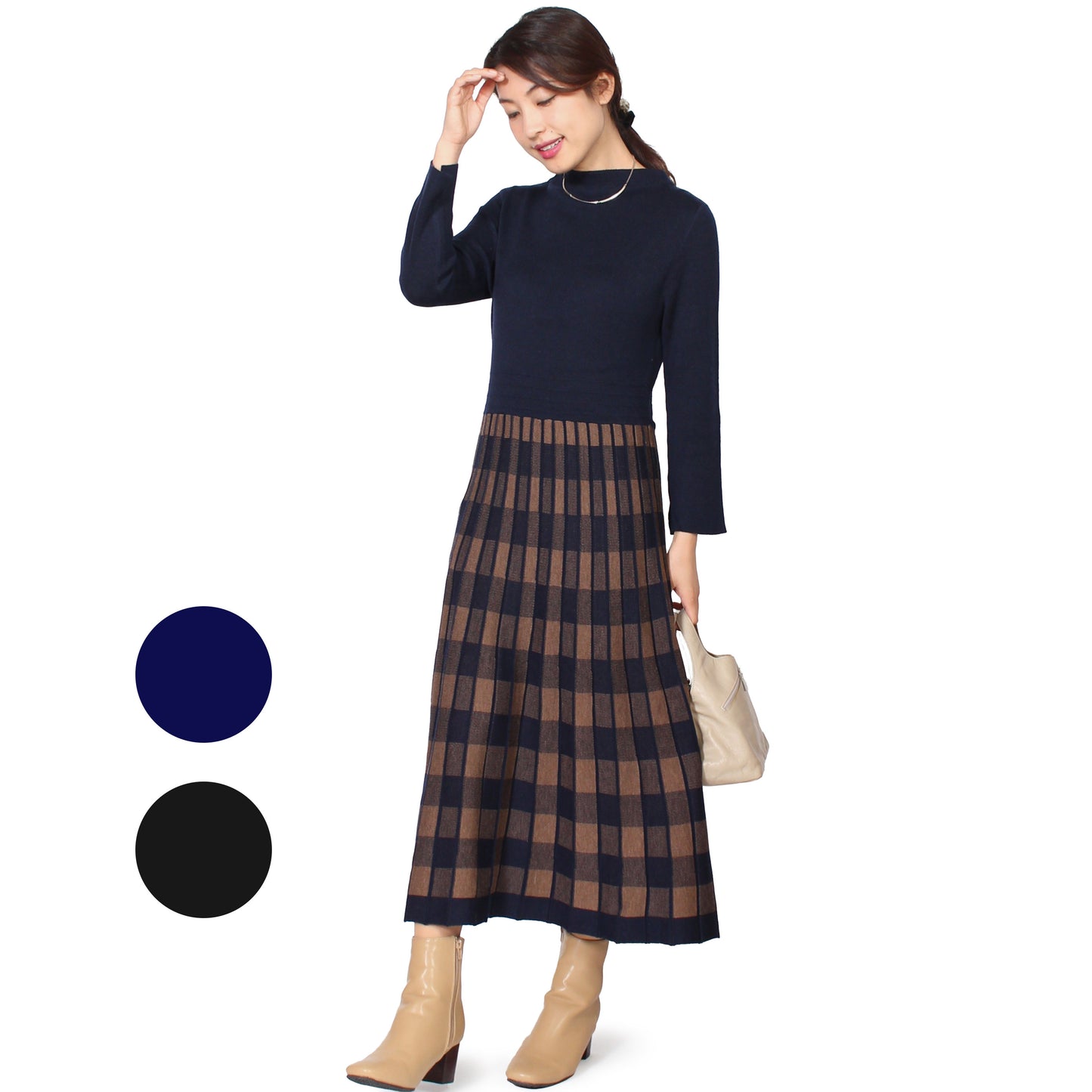 パターン切り替えニットロングワンピース 2カラー Free