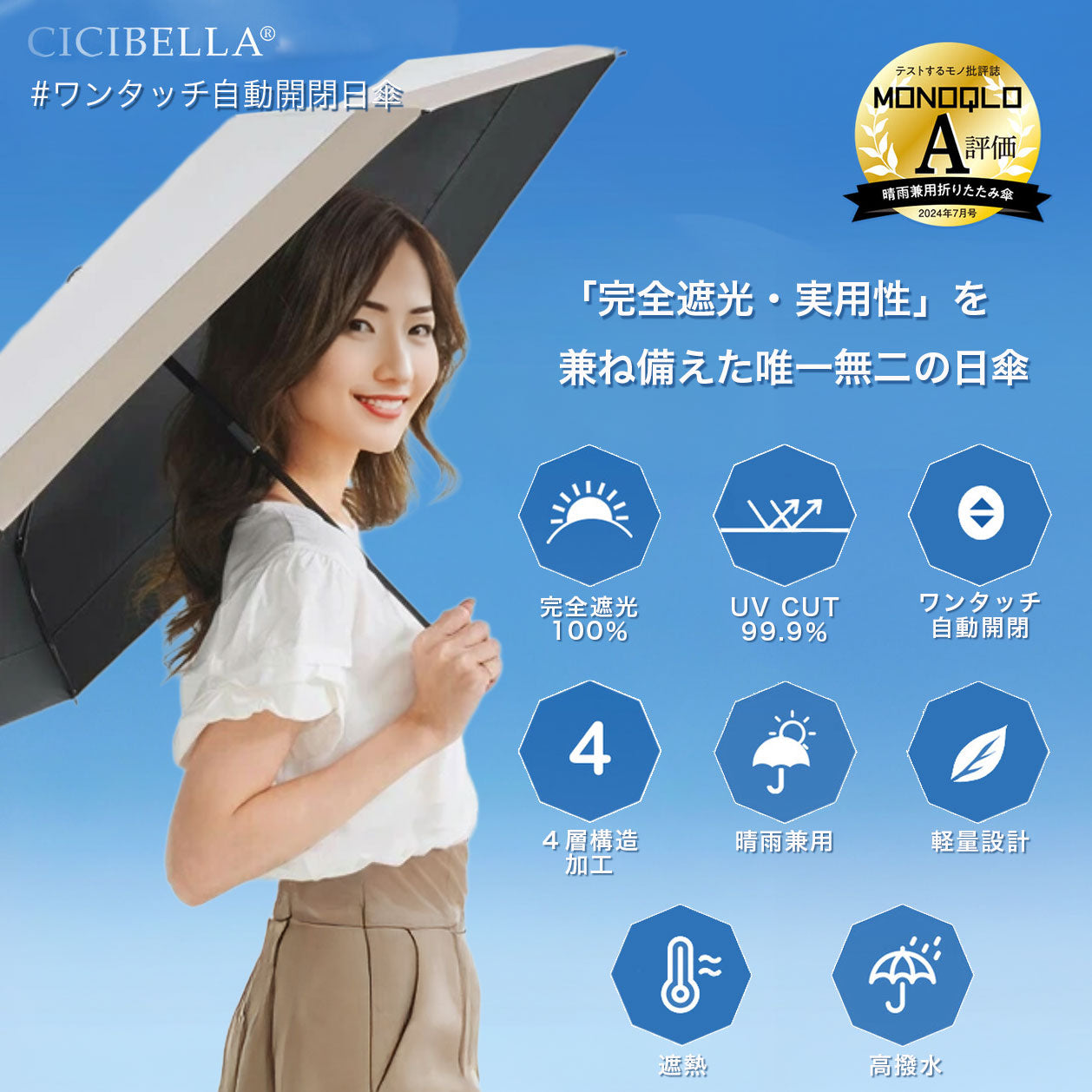 【全国配送料無料】高耐久・軽量カーボン日傘 晴雨兼用 ワンタッチ自動開閉