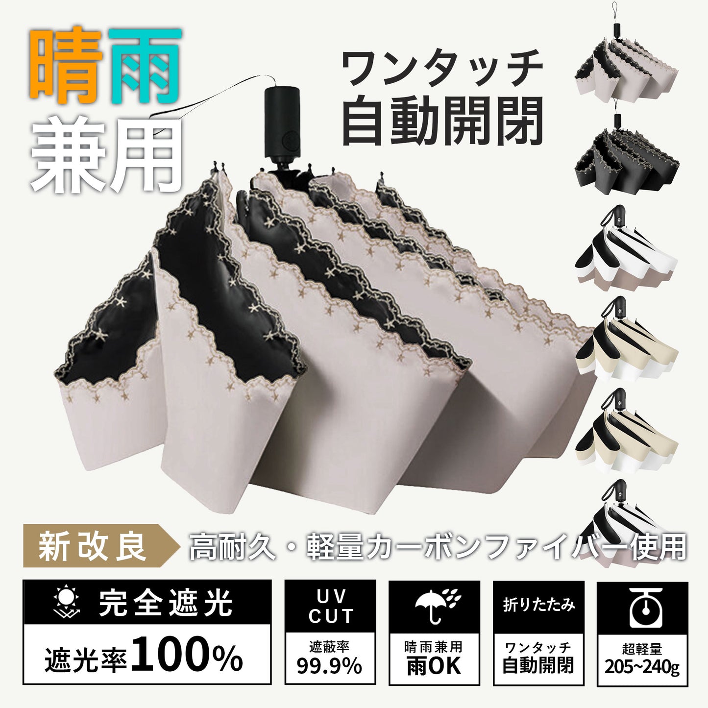 【全国配送料無料】高耐久・軽量カーボン日傘 晴雨兼用 ワンタッチ自動開閉