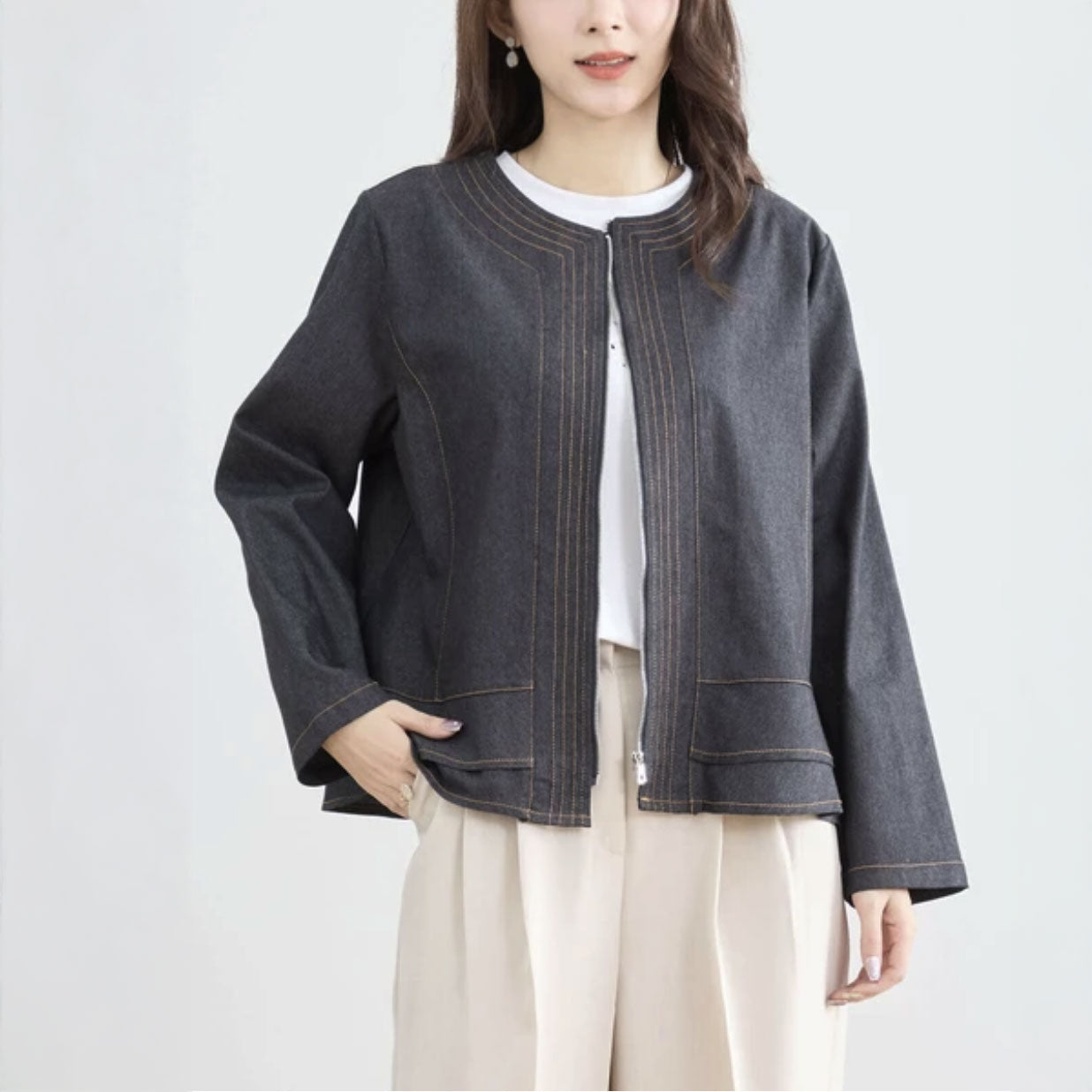 フロントジップ ノーカラーデニムジャケット M〜L
