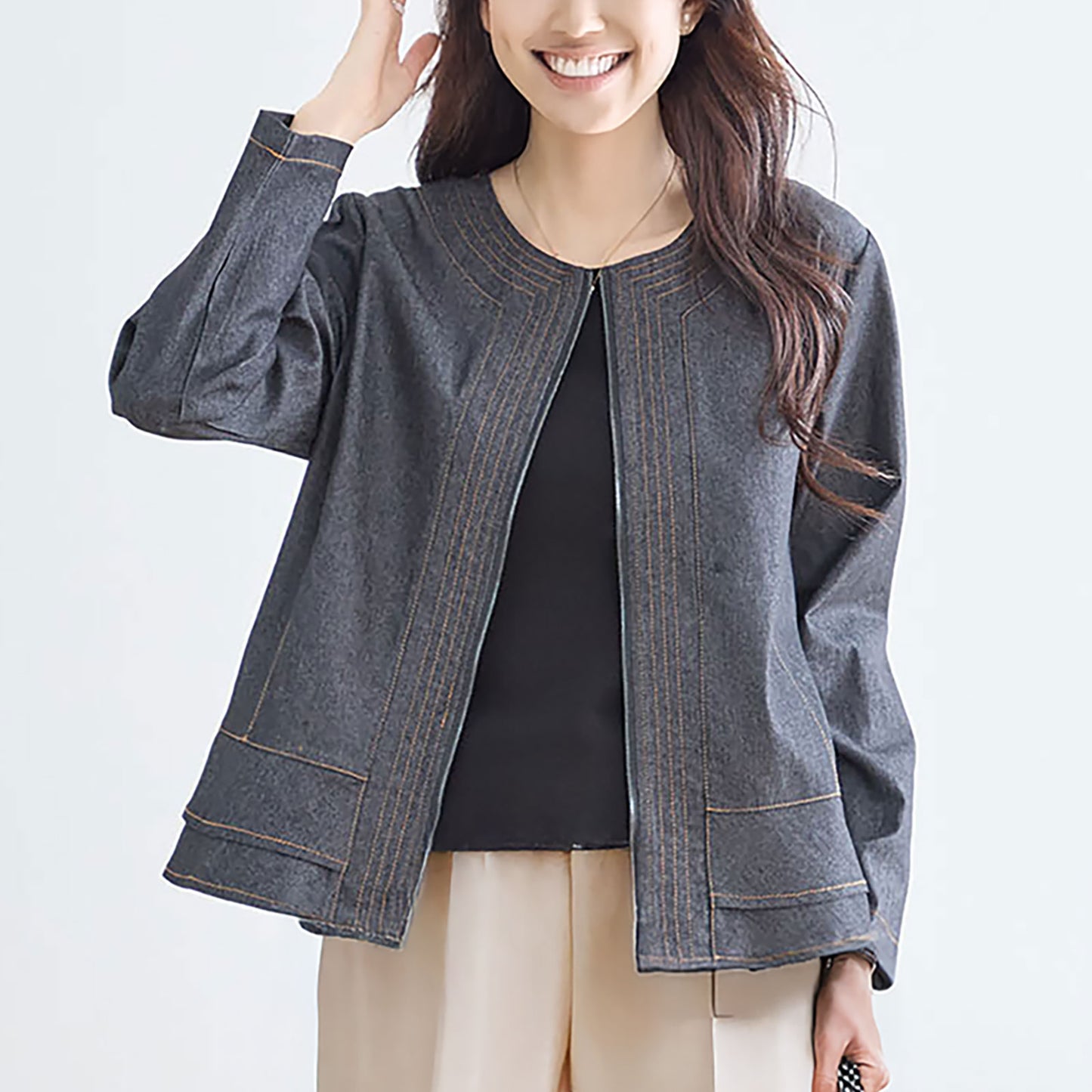 フロントジップ ノーカラーデニムジャケット M~L
