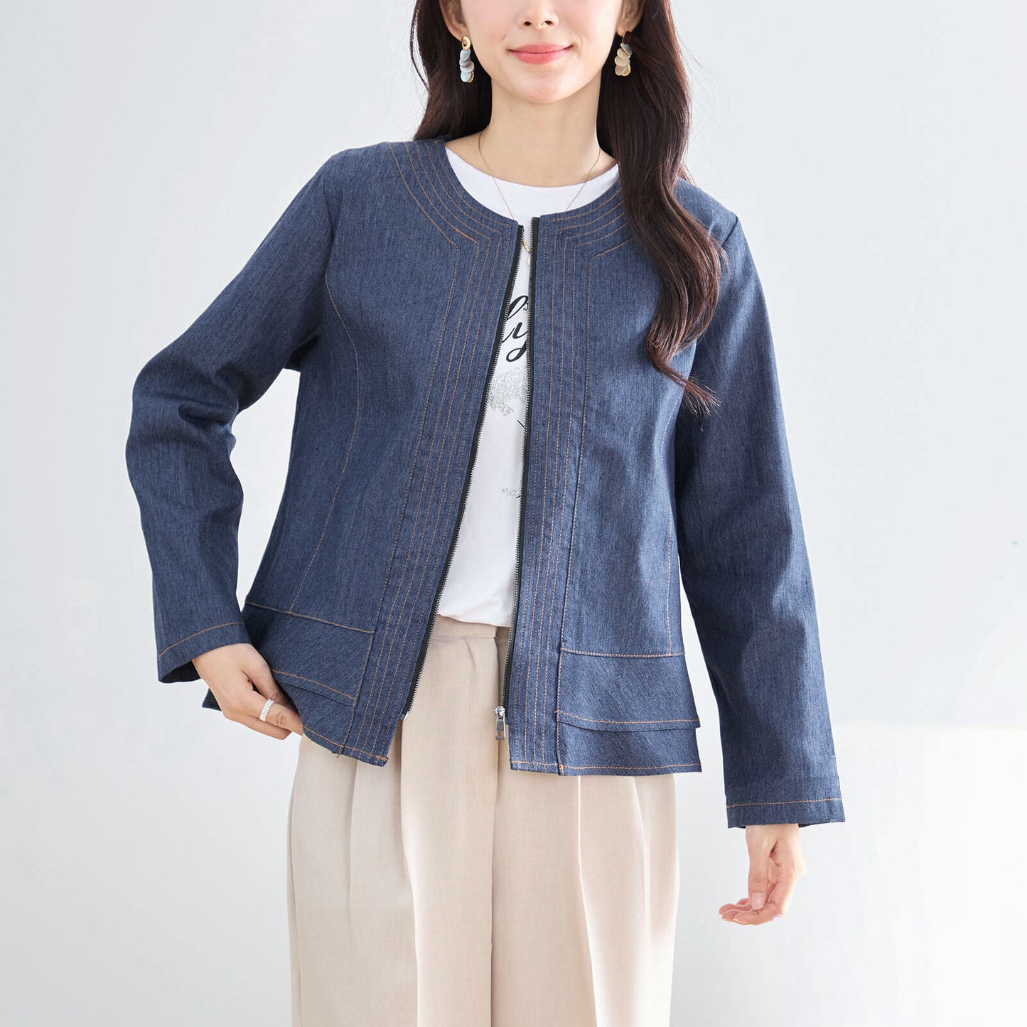 フロントジップ ノーカラーデニムジャケット M〜L