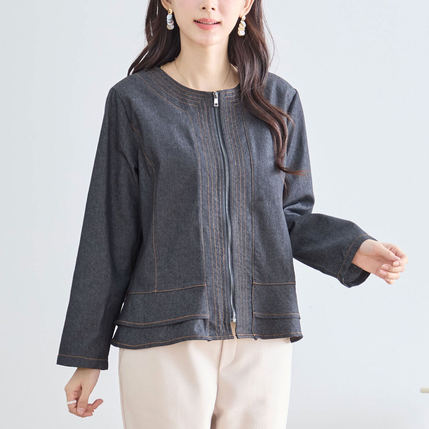 フロントジップ ノーカラーデニムジャケット M〜L