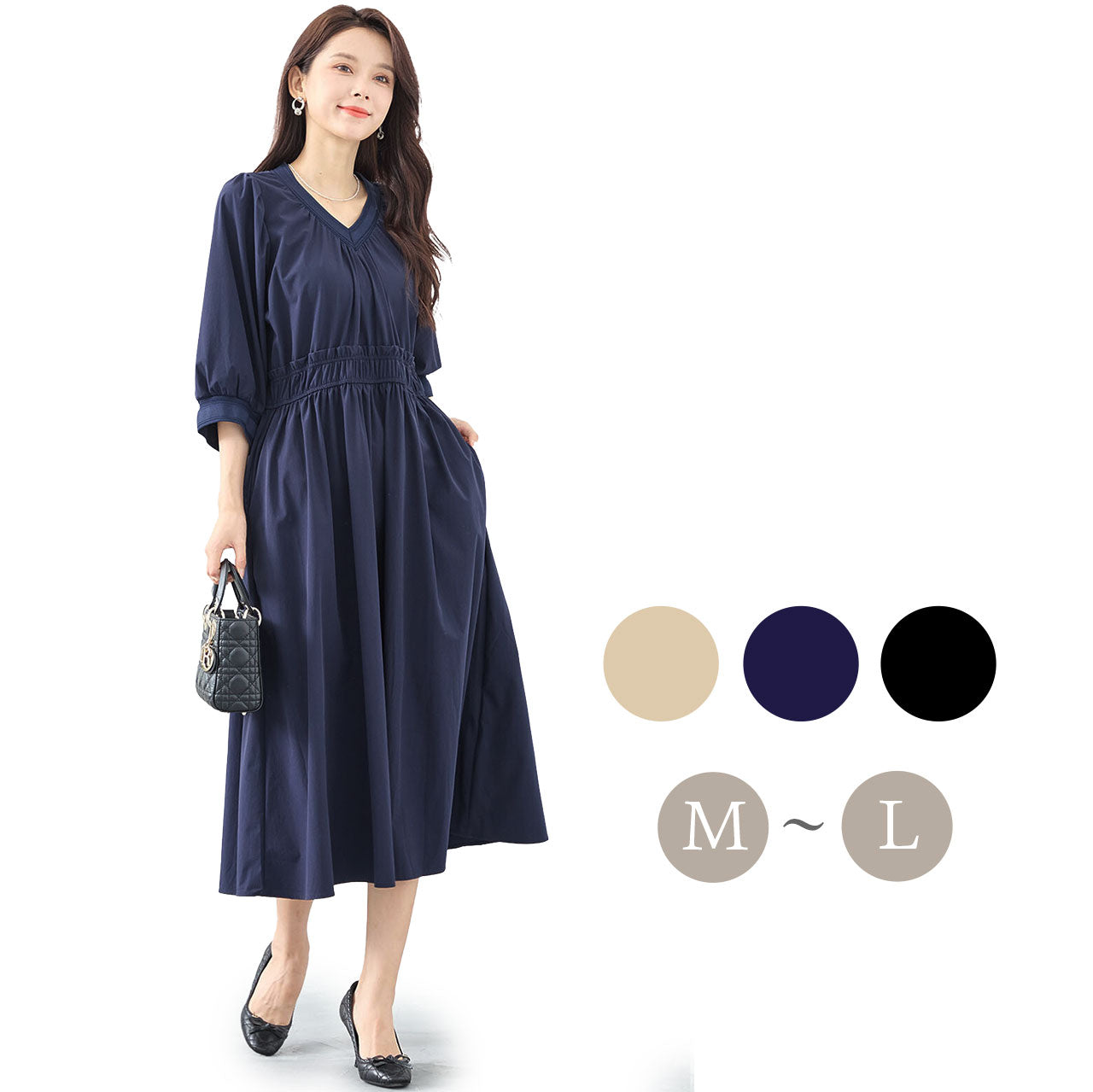 ギャザー使いVネックフレアロングワンピース M~L 3カラー