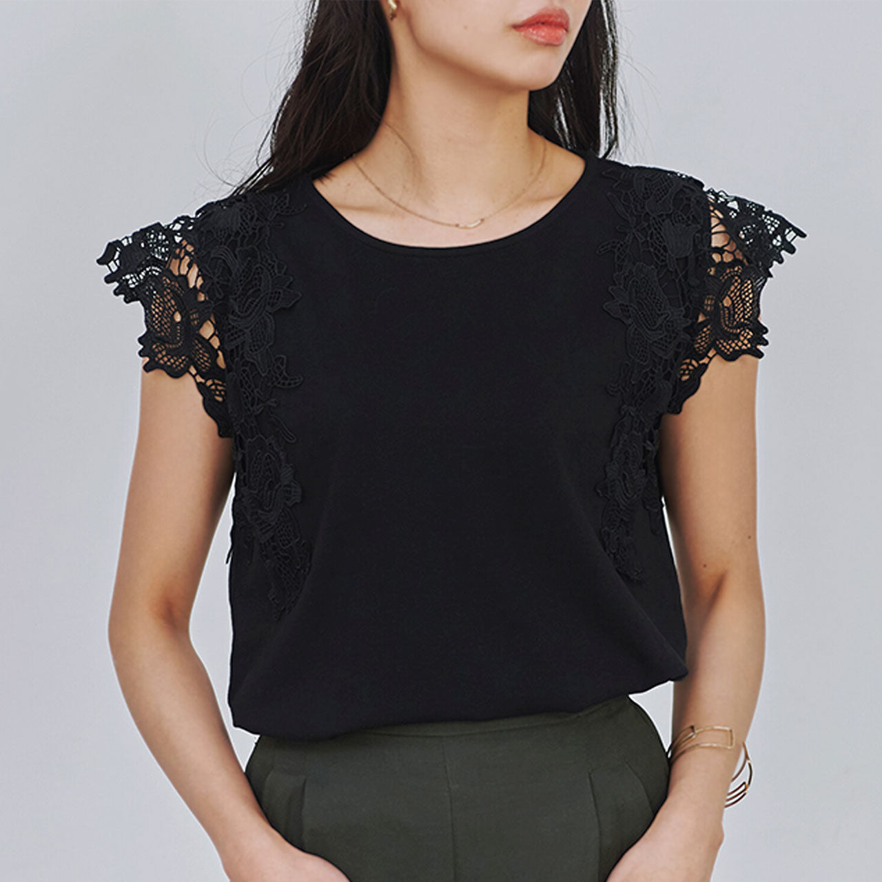 コットン100% レース袖フレンチカットソー トップス 3カラー M