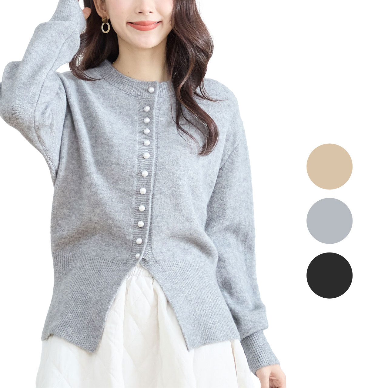 パールボタンクルーネックニットカーディガン 3カラー