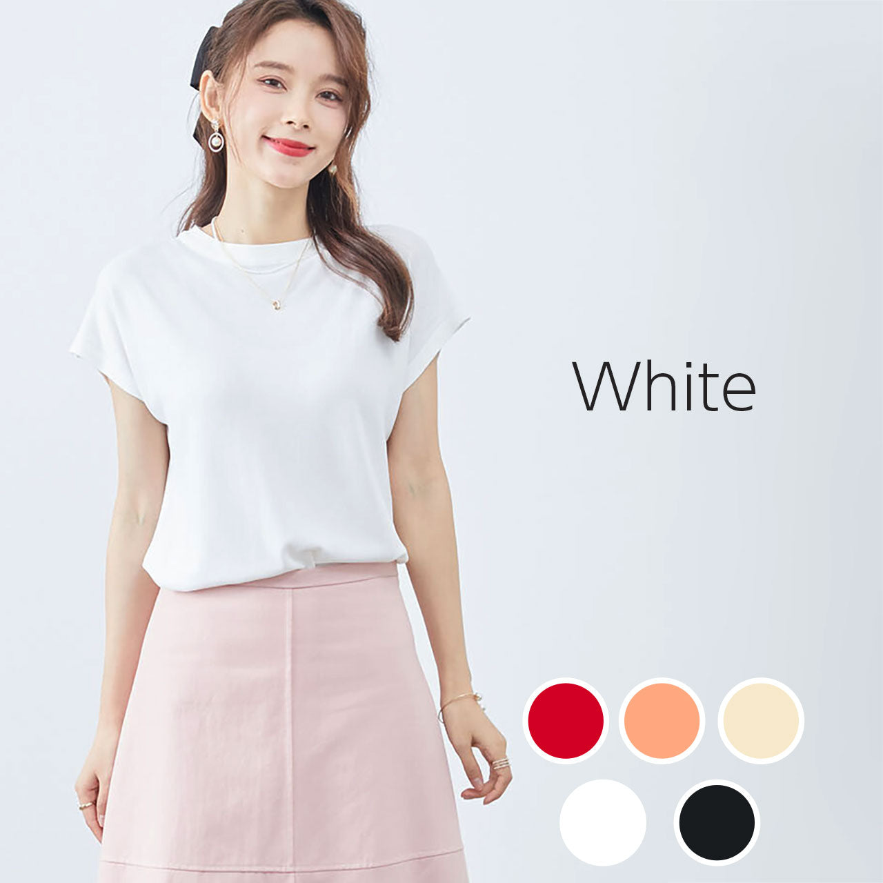 フレンチ袖クルーネックサマーニットトップス 5カラー M~L