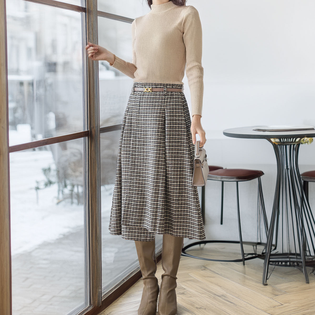 ベルト付きグレンチェックツイードラップ風Aラインタックスカート 2カラー M〜L