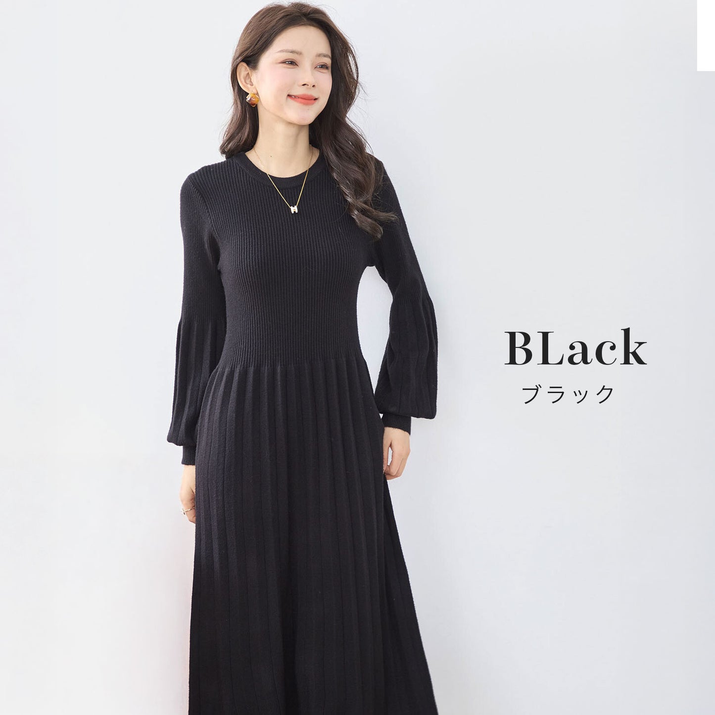 パターン切り替えニットロングワンピース 3カラー M~L