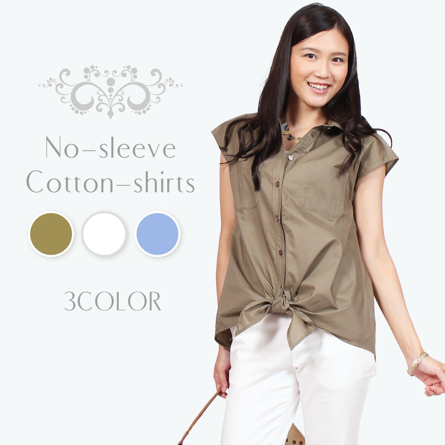 シャツ カットソー レディース 襟付き 夏 コットン リボン 通勤 白 ブルー カーキ