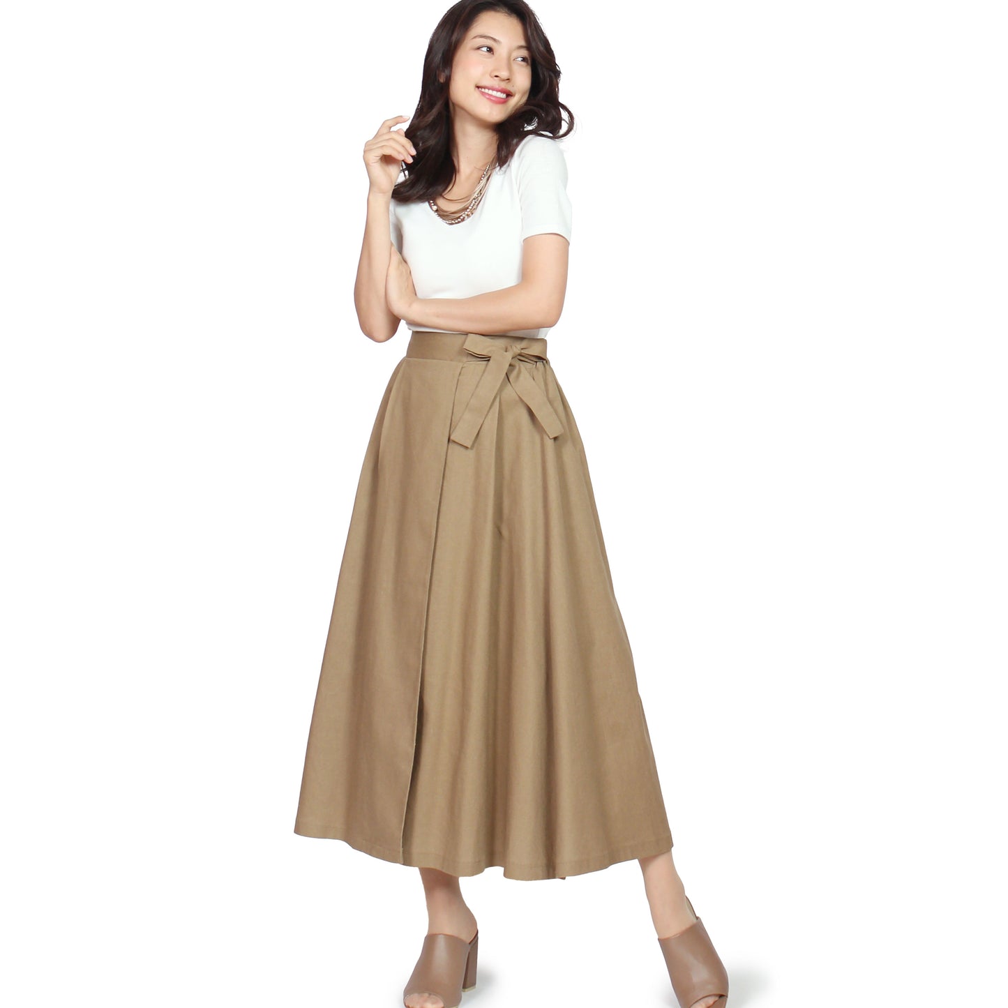 リネン混 ラップ風ロングスカート 4カラー