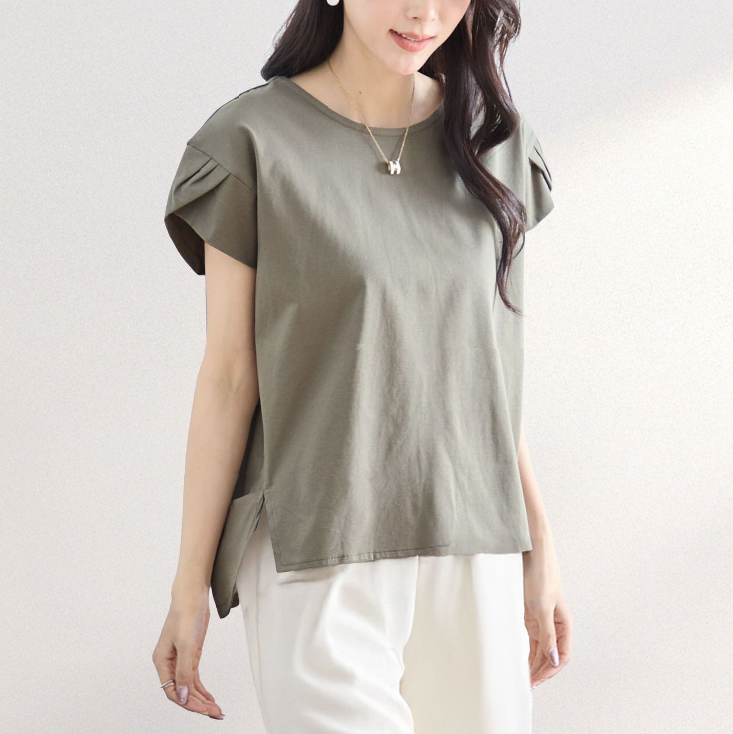 デザイン袖AラインコットンTシャツ M〜L 3カラー