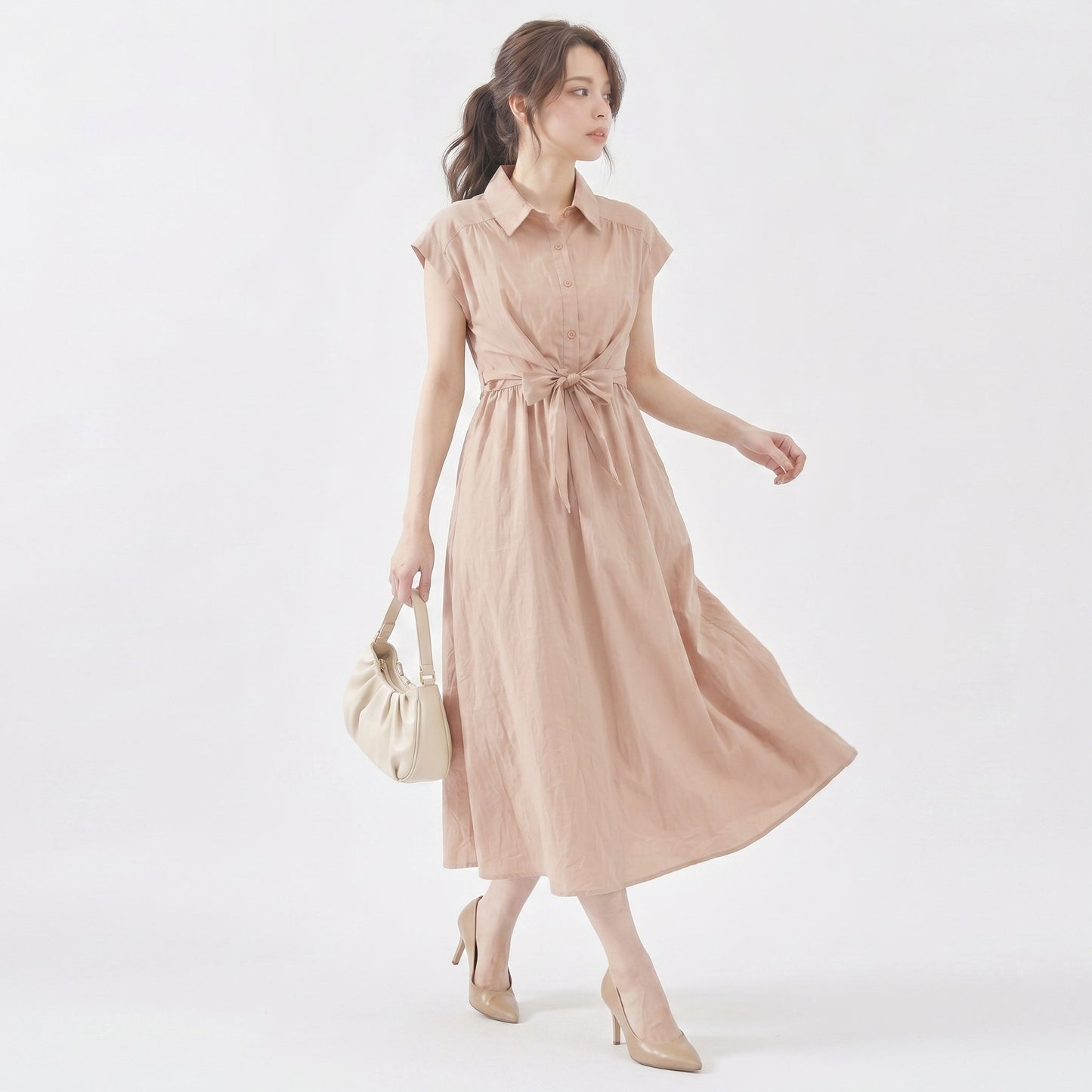 前リボン フレンチ袖ロングシャツワンピース 4カラー M～L