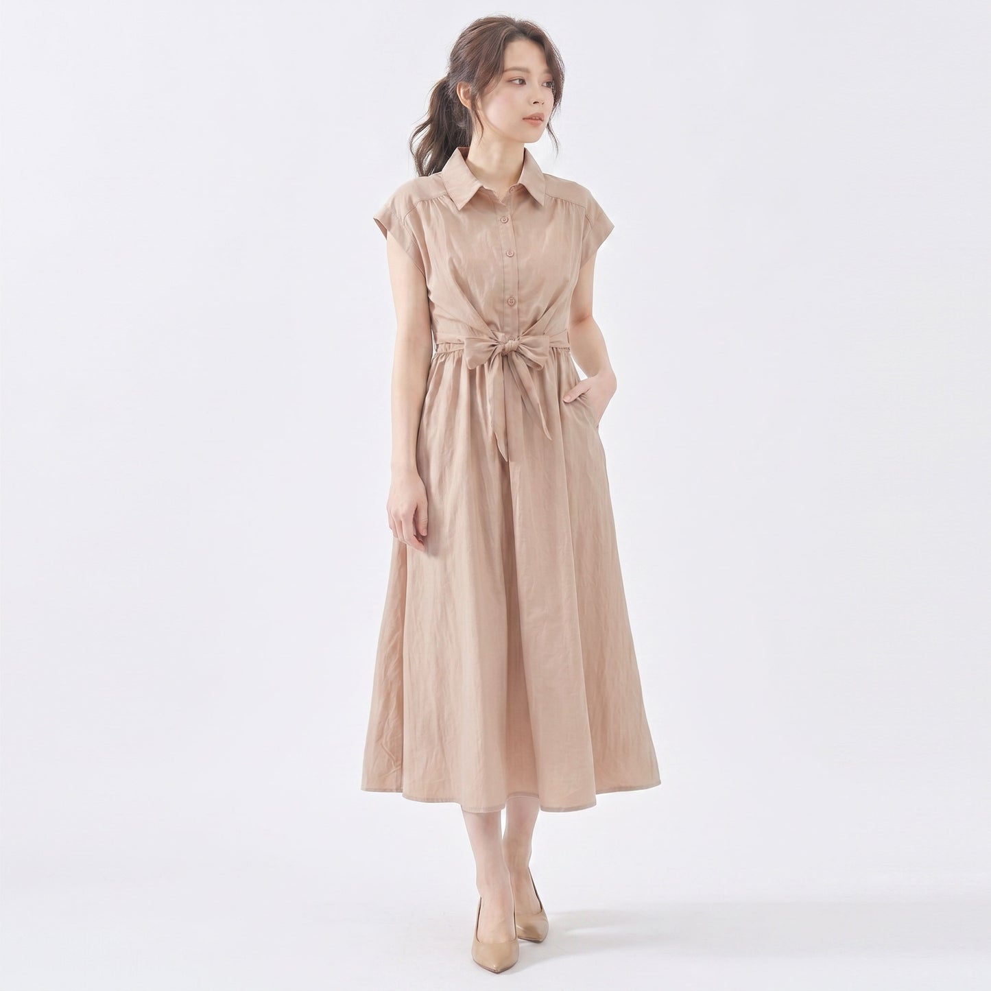 前リボン フレンチ袖ロングシャツワンピース 4カラー M～L