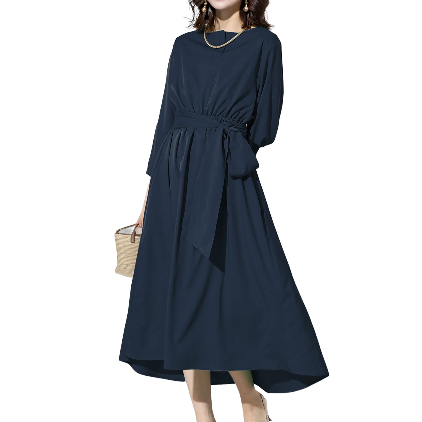 キーネック7分袖リボンフレアーワンピース M〜L