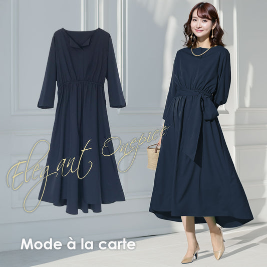キーネック7分袖リボンフレアーワンピース M〜L