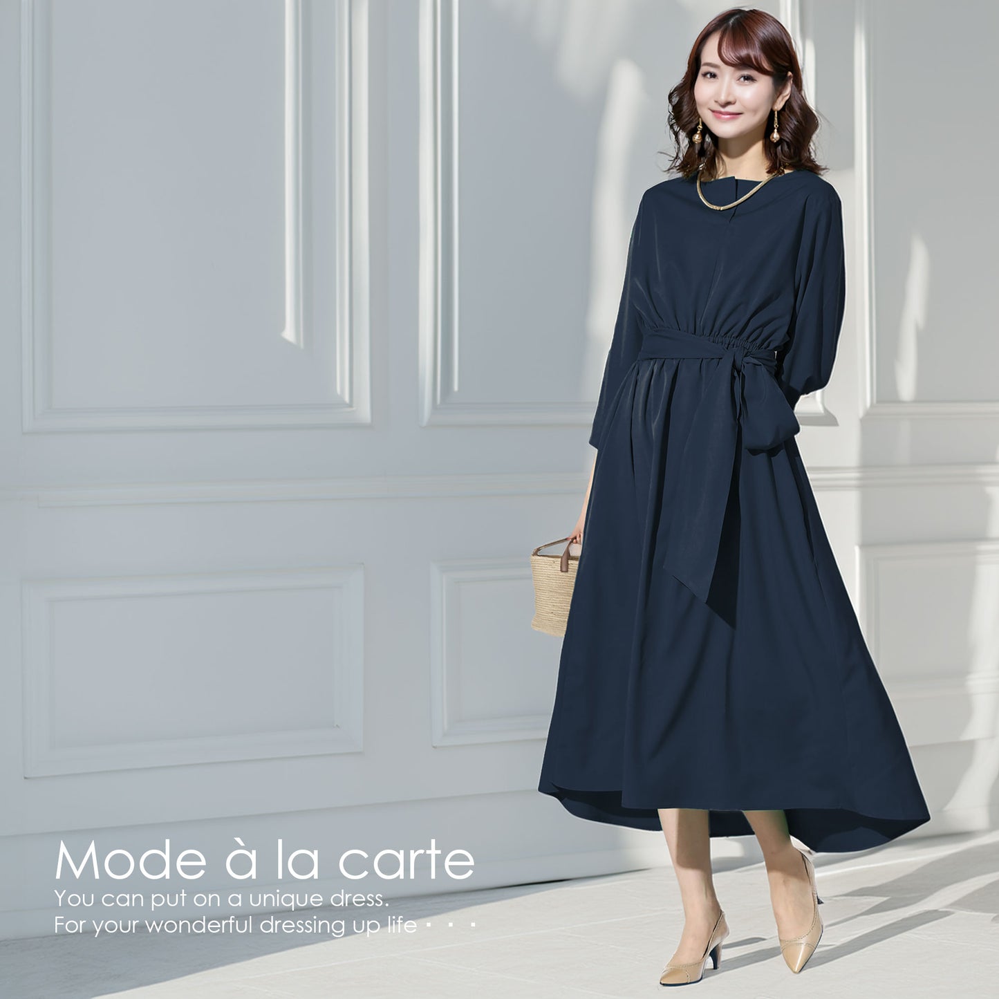 キーネック7分袖リボンフレアーワンピース M〜L