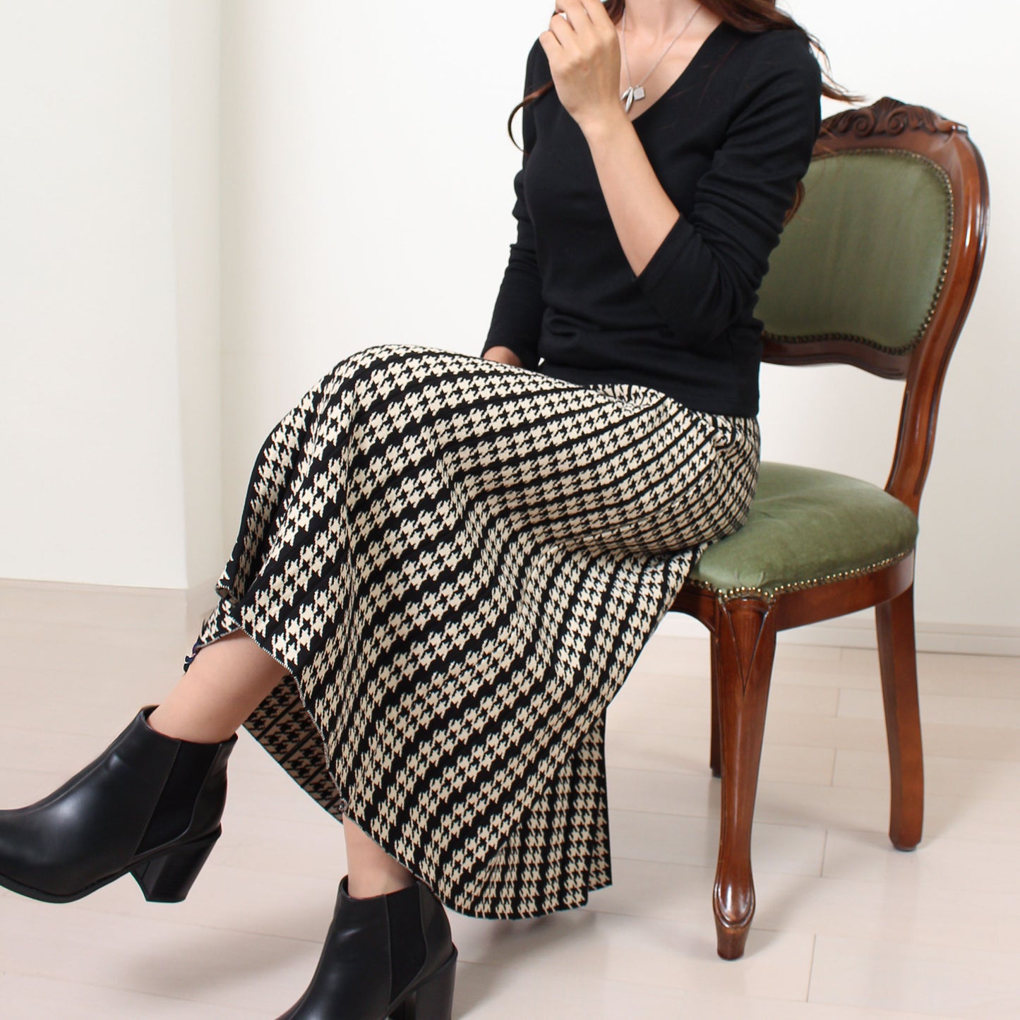 千鳥チェックニットロングスカート M〜L