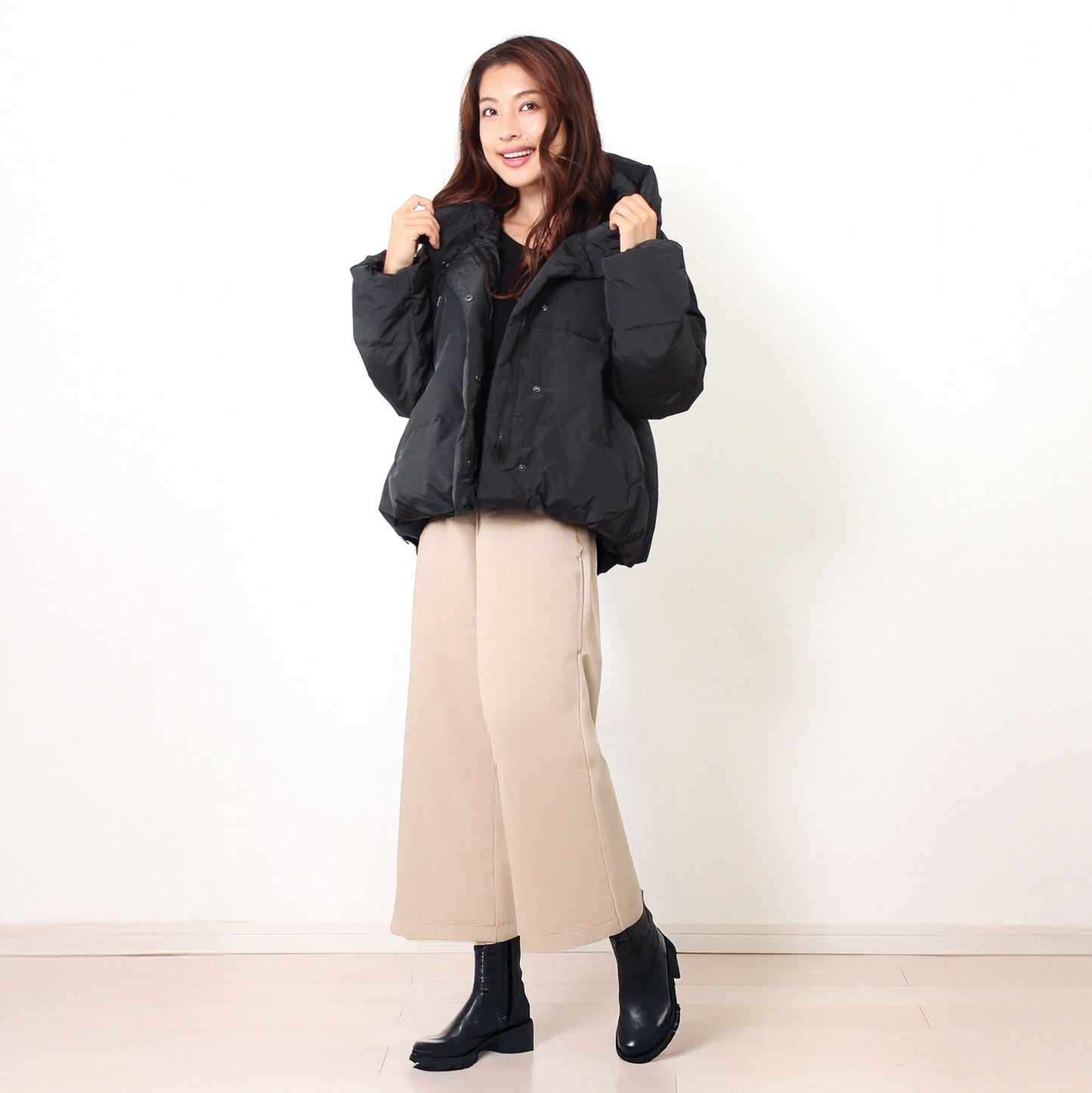 ショート丈フーディ中綿エコダウンジャケット 3カラー