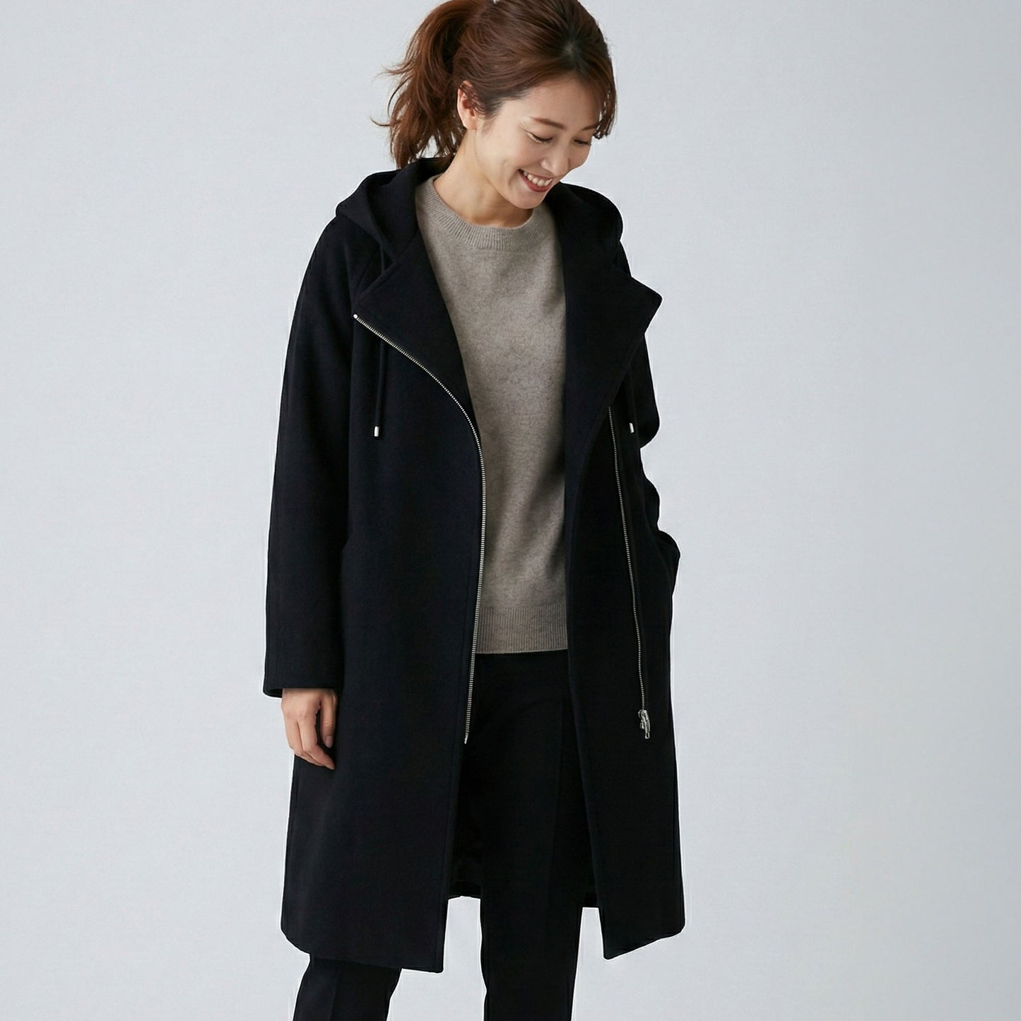フロントジップフーディッドロングコクーンコート 3カラー