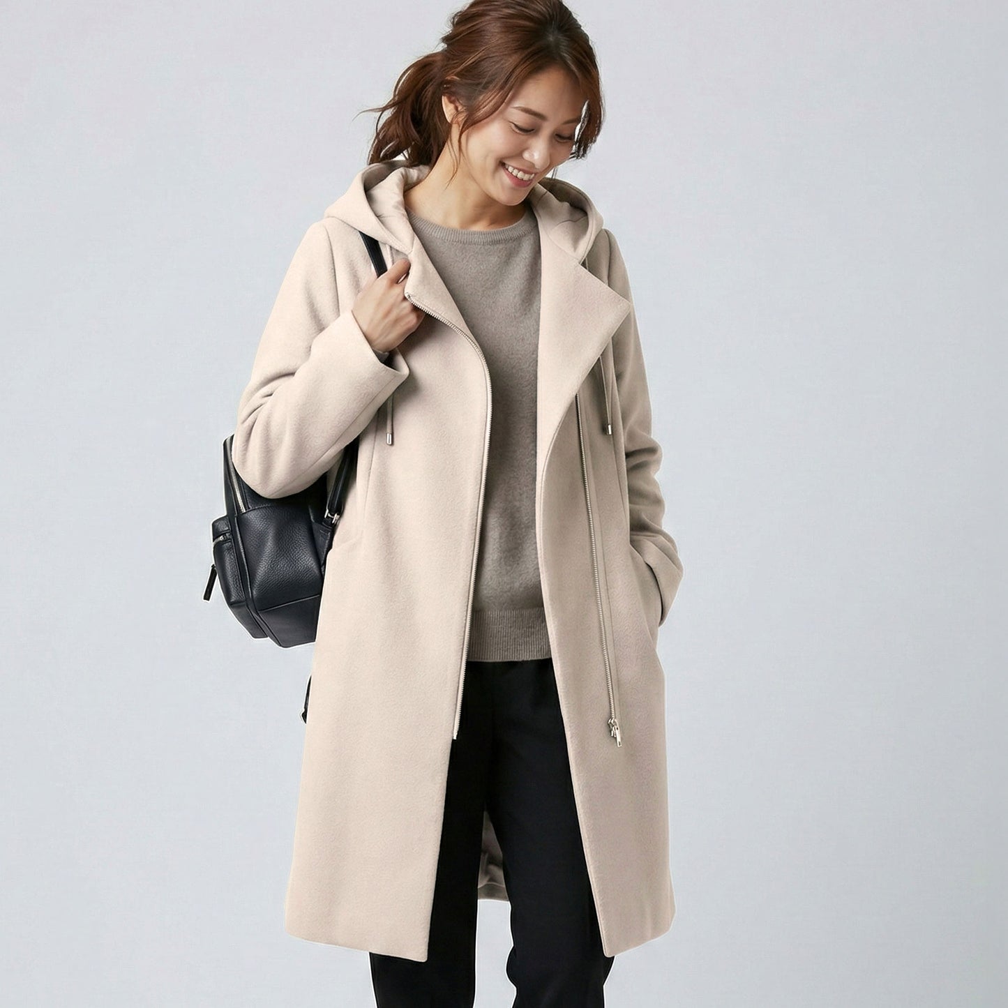 フロントジップフーディッドロングコクーンコート 3カラー