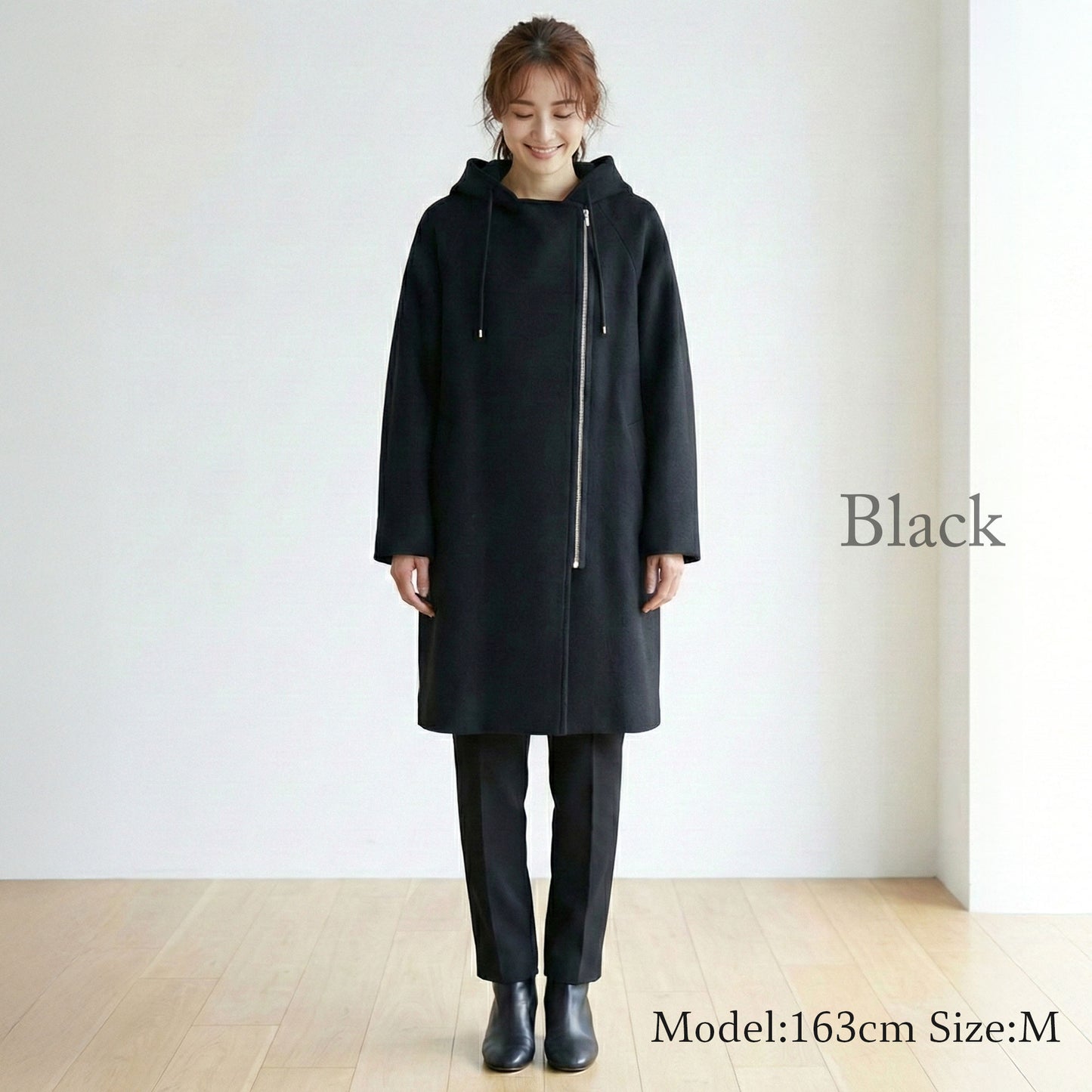 フロントジップフーディッドロングコクーンコート 3カラー