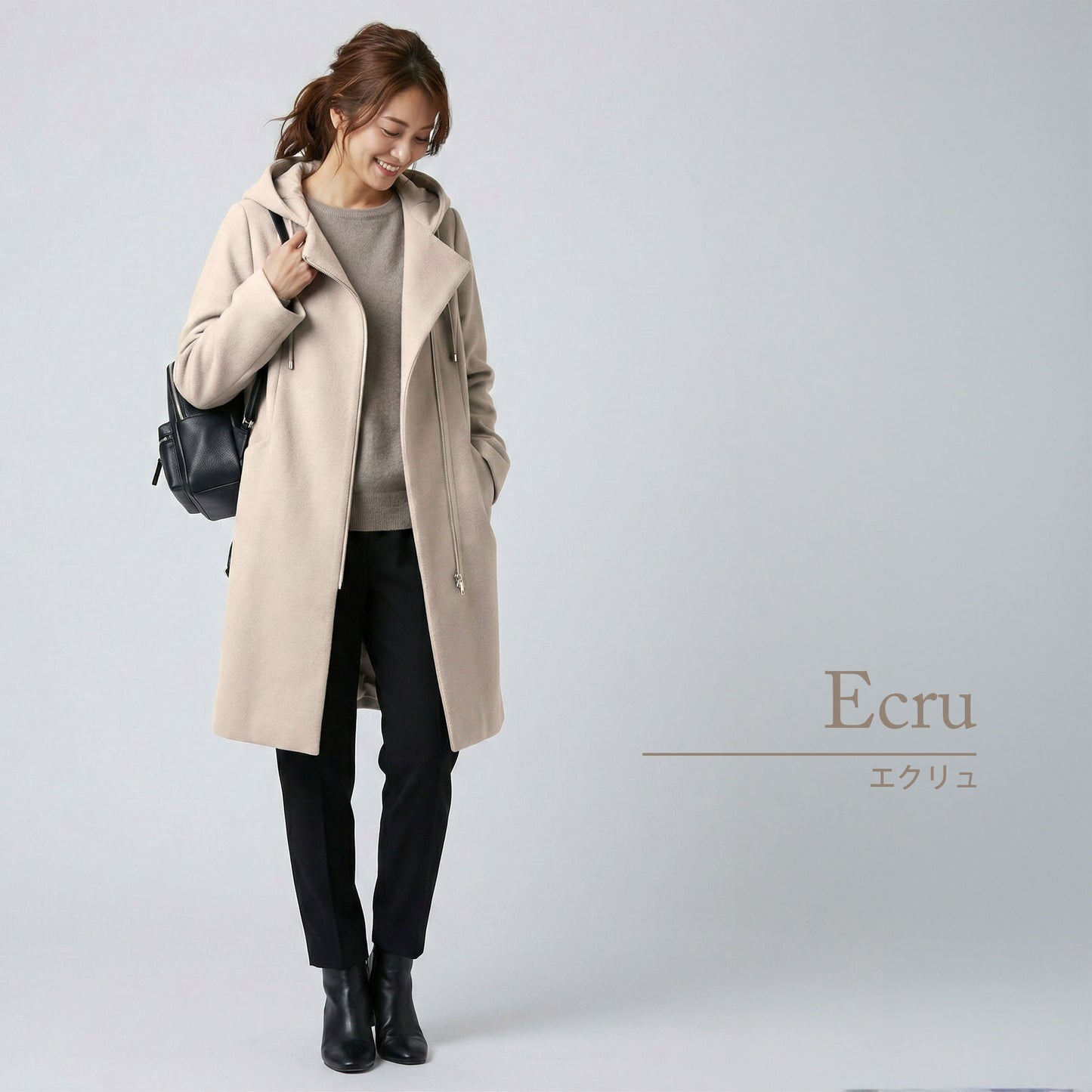 フロントジップフーディッドロングコクーンコート 3カラー