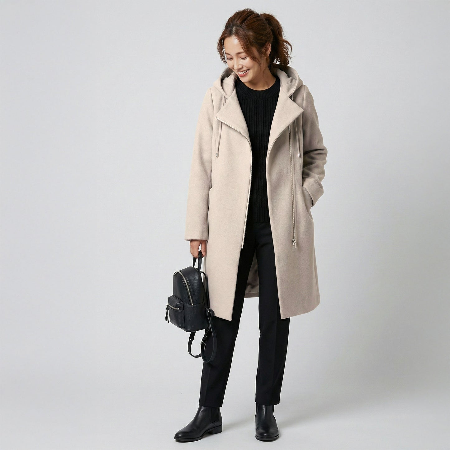 フロントジップフーディッドロングコクーンコート 3カラー