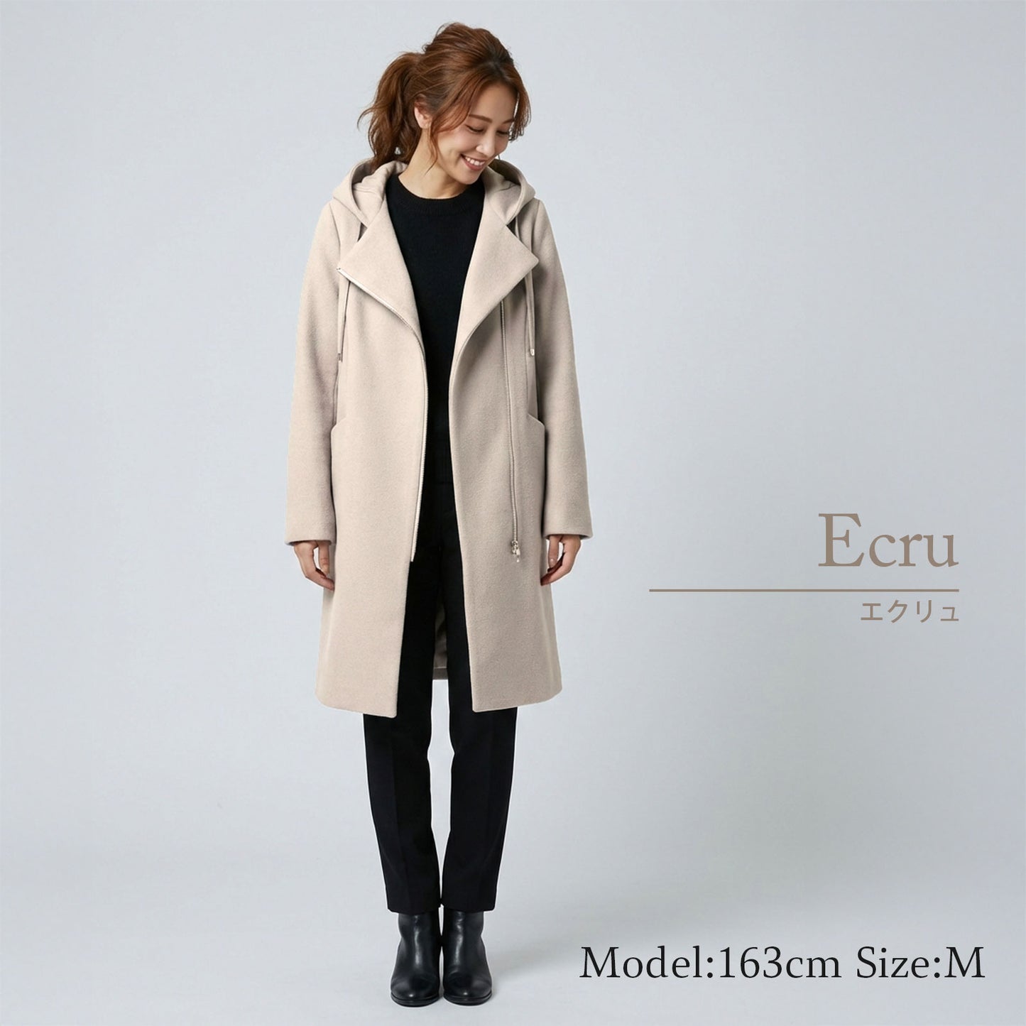 フロントジップフーディッドロングコクーンコート 3カラー