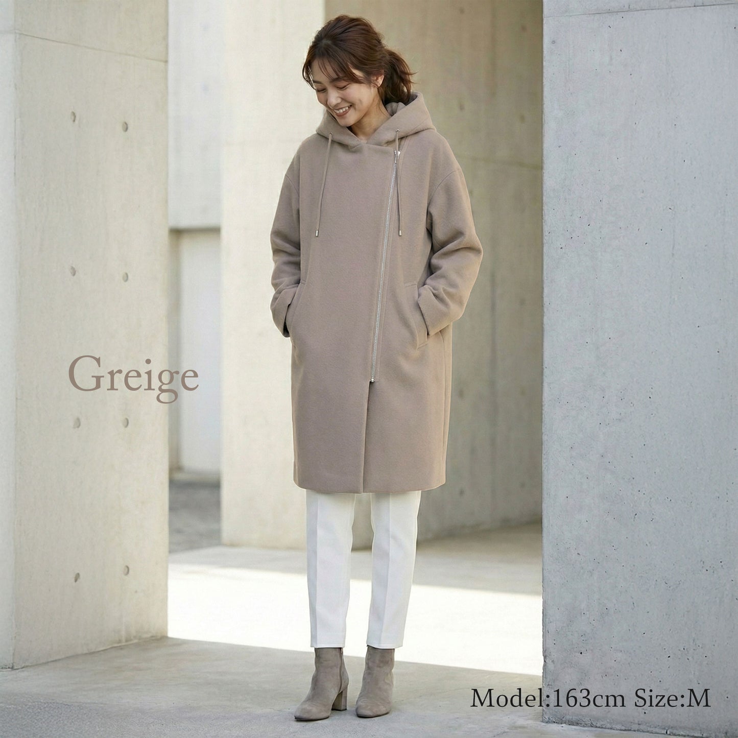 フロントジップフーディッドロングコクーンコート 3カラー