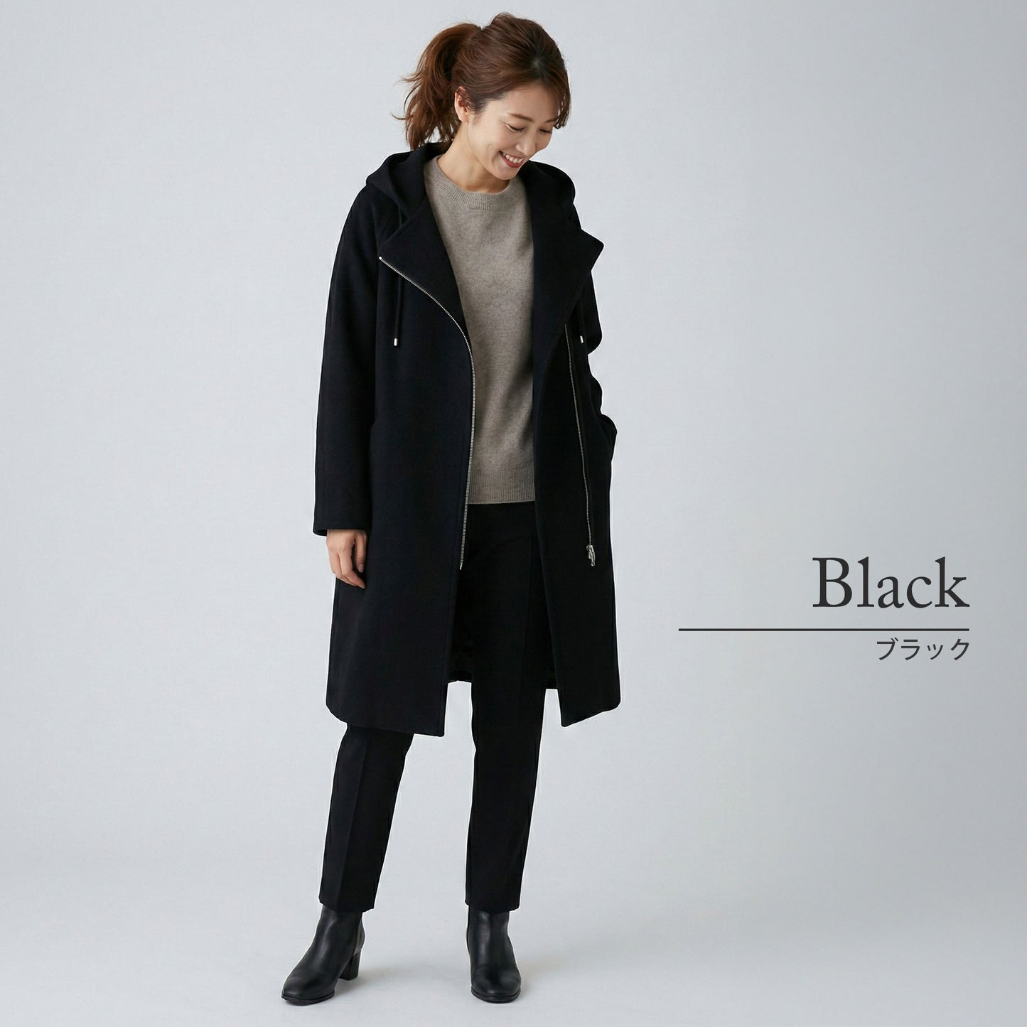 フロントジップフーディッドロングコクーンコート 3カラー