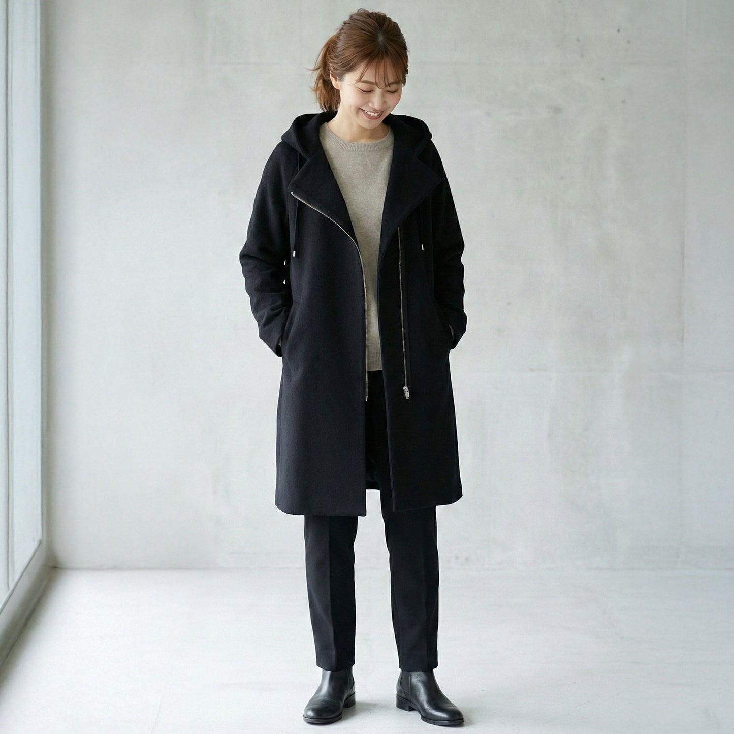 フロントジップフーディッドロングコクーンコート 3カラー