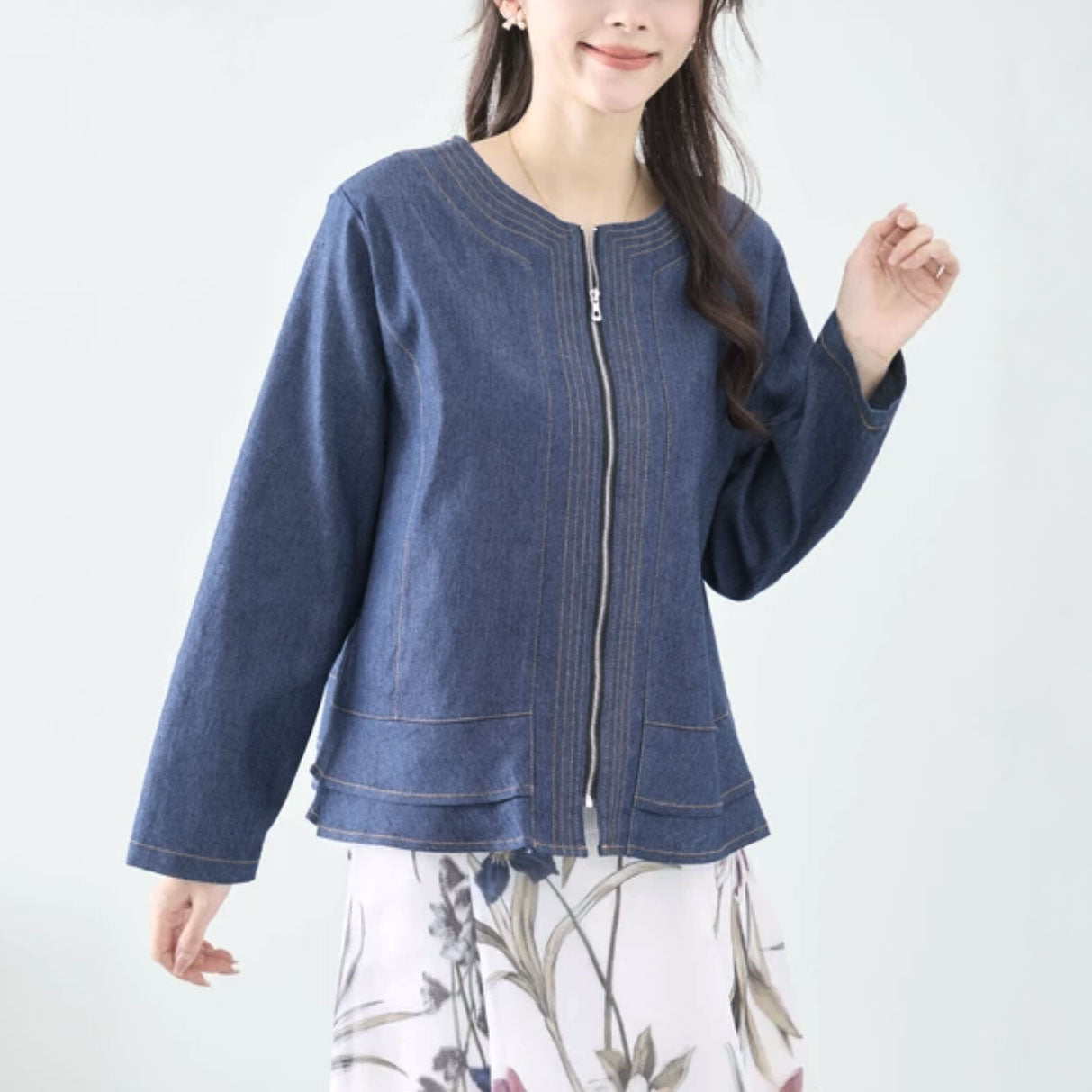 フロントジップ ノーカラーデニムジャケット M〜L