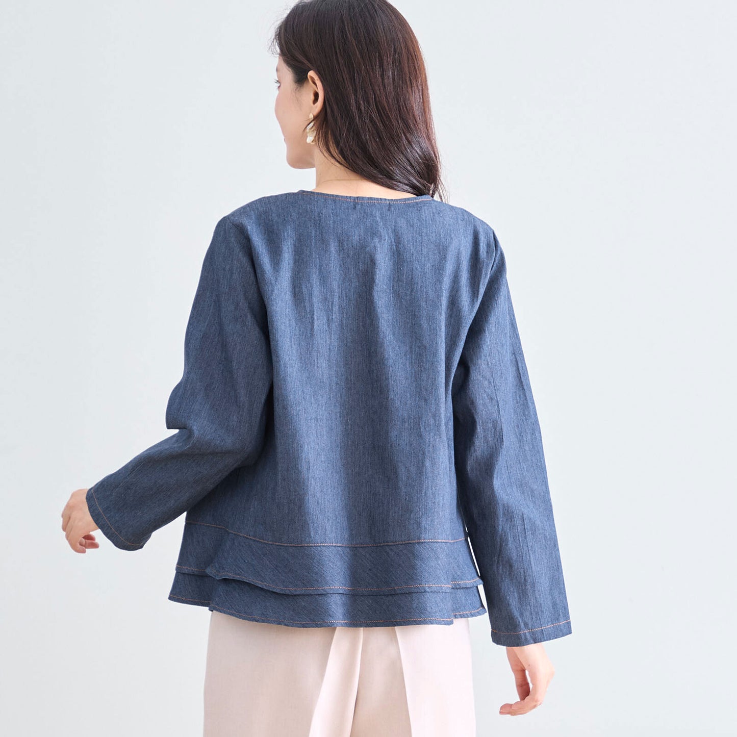 フロントジップ ノーカラーデニムジャケット M〜L