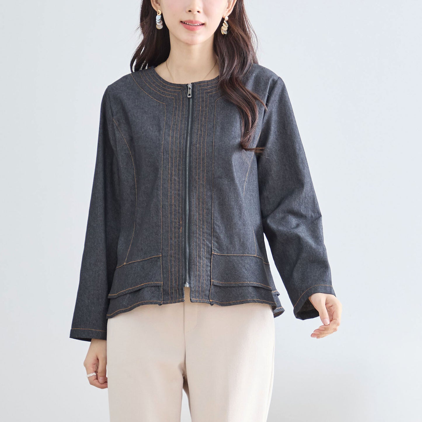 フロントジップ ノーカラーデニムジャケット M〜L
