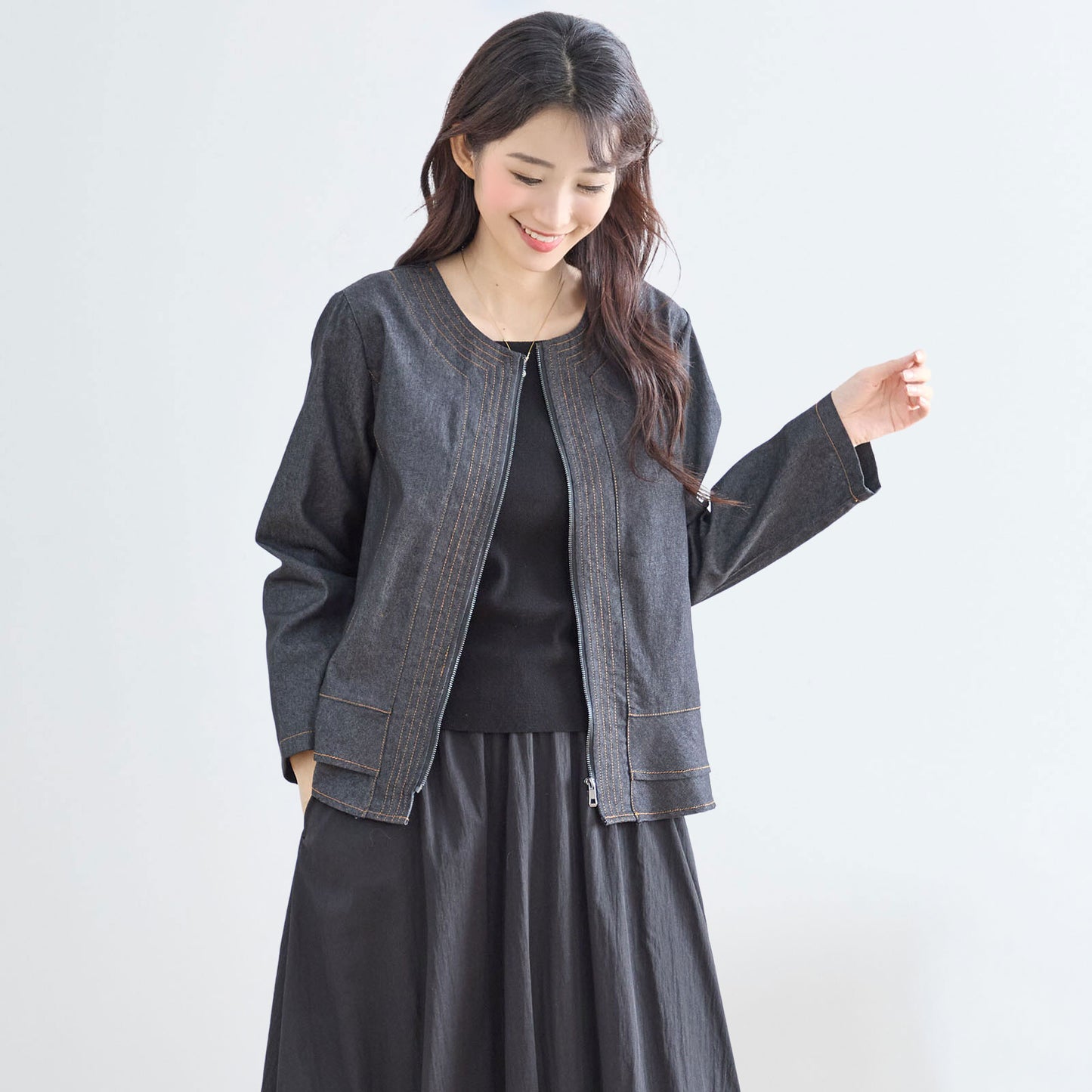 フロントジップ ノーカラーデニムジャケット M〜L