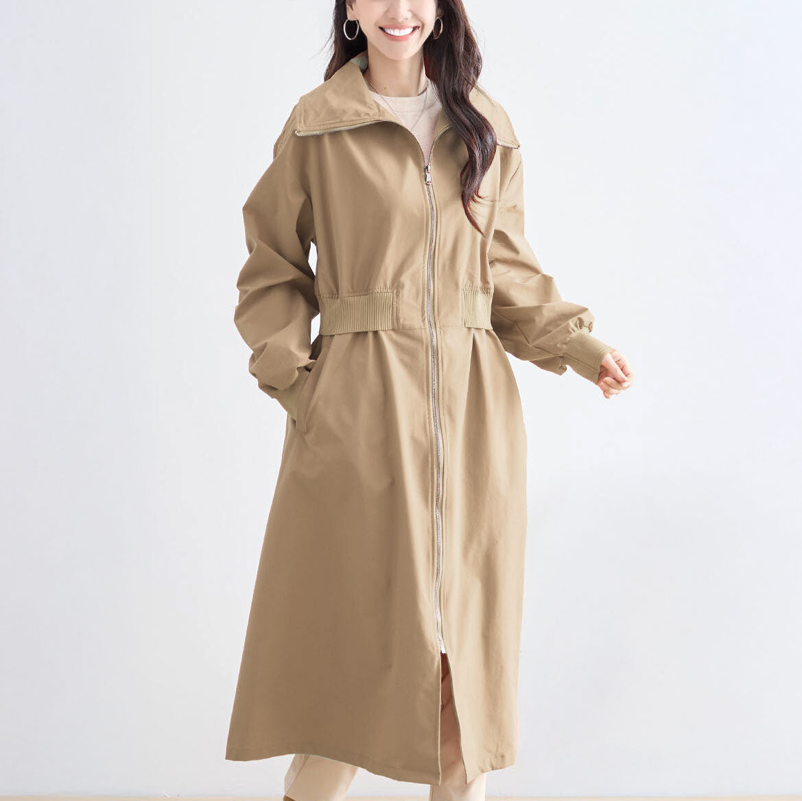 ウエストリブ切替フロントジップライトロングコート M〜L 4カラー