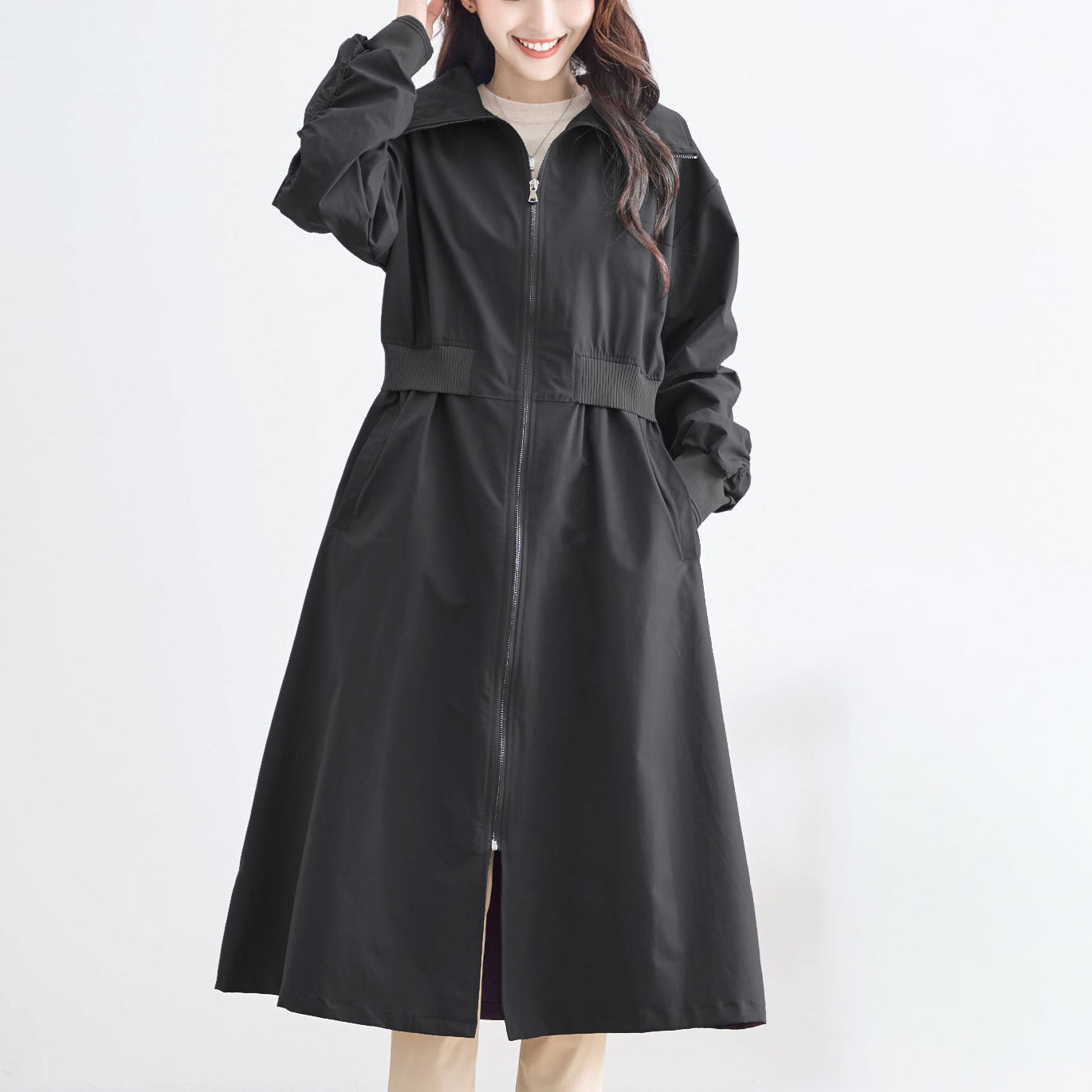 ウエストリブ切替フロントジップライトロングコート M〜L 4カラー