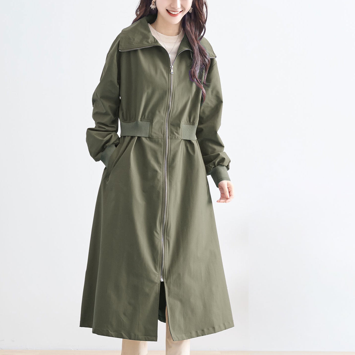 ウエストリブ切替フロントジップライトロングコート M〜L 4カラー