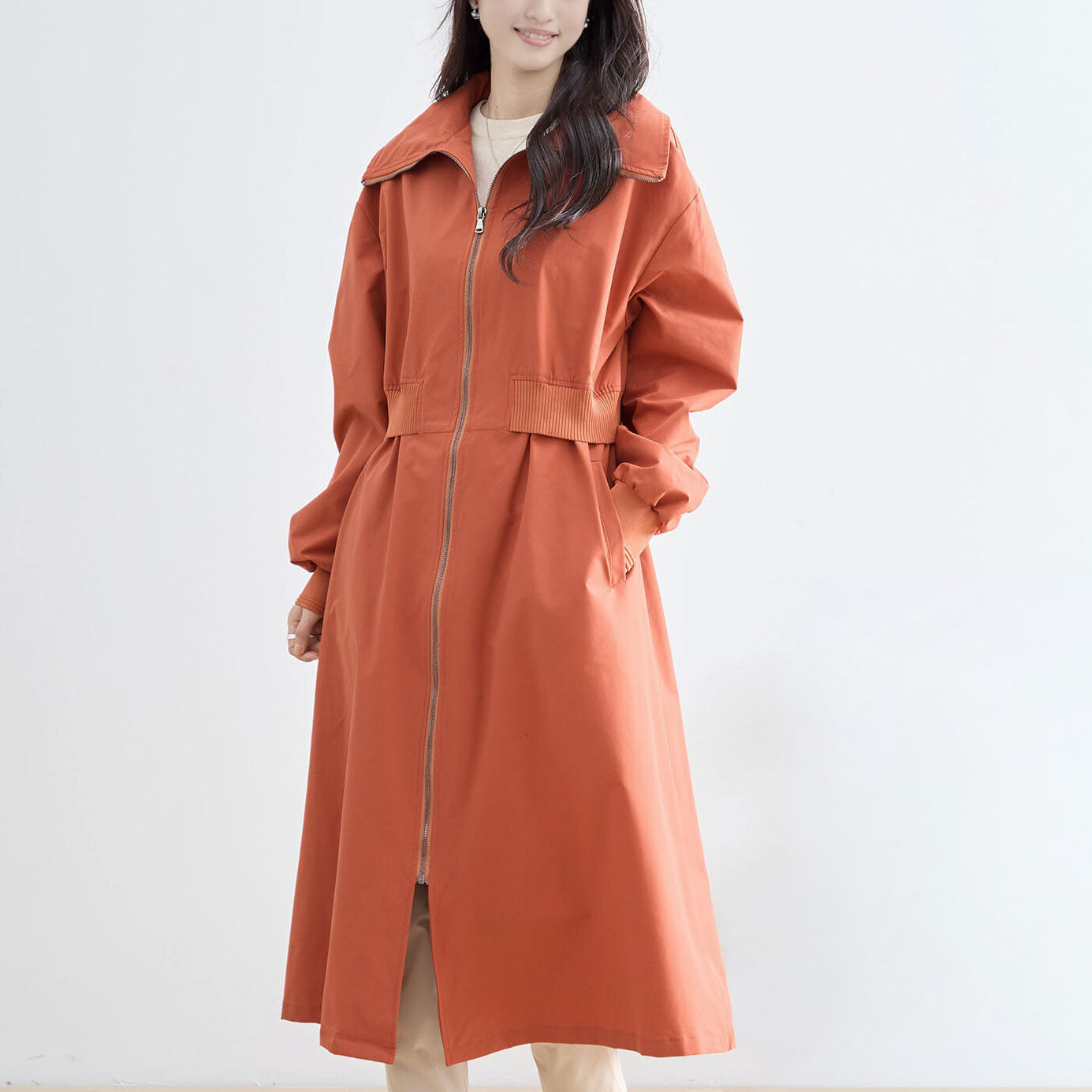 ウエストリブ切替フロントジップライトロングコート M〜L 4カラー