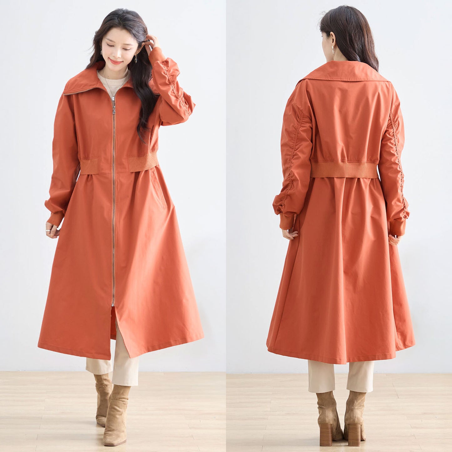 ウエストリブ切替フロントジップライトロングコート M〜L 4カラー